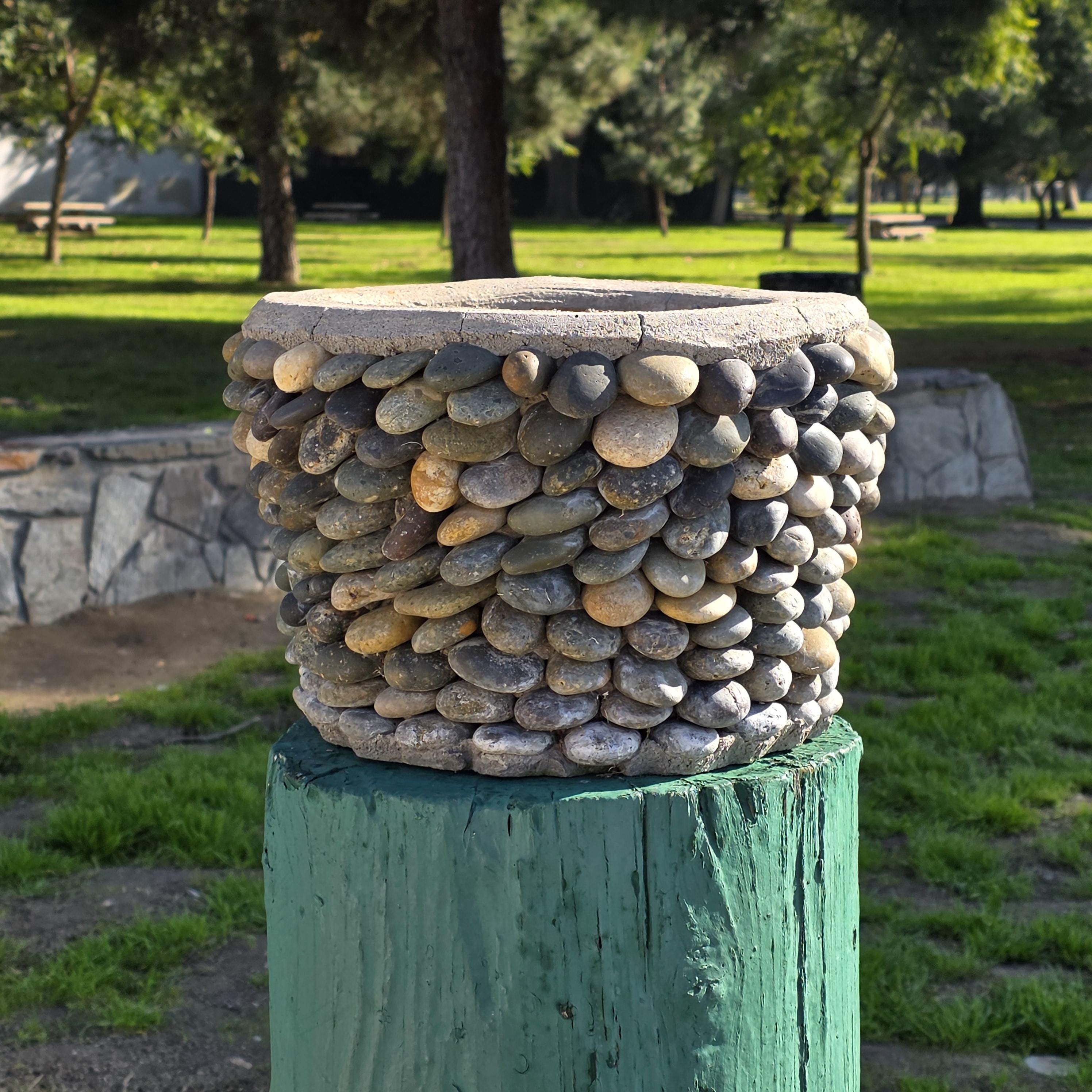 Vintage Hand-Made River Rock Concrete Planter – 13"Dia x 8.75"H - Heavy 43lb.