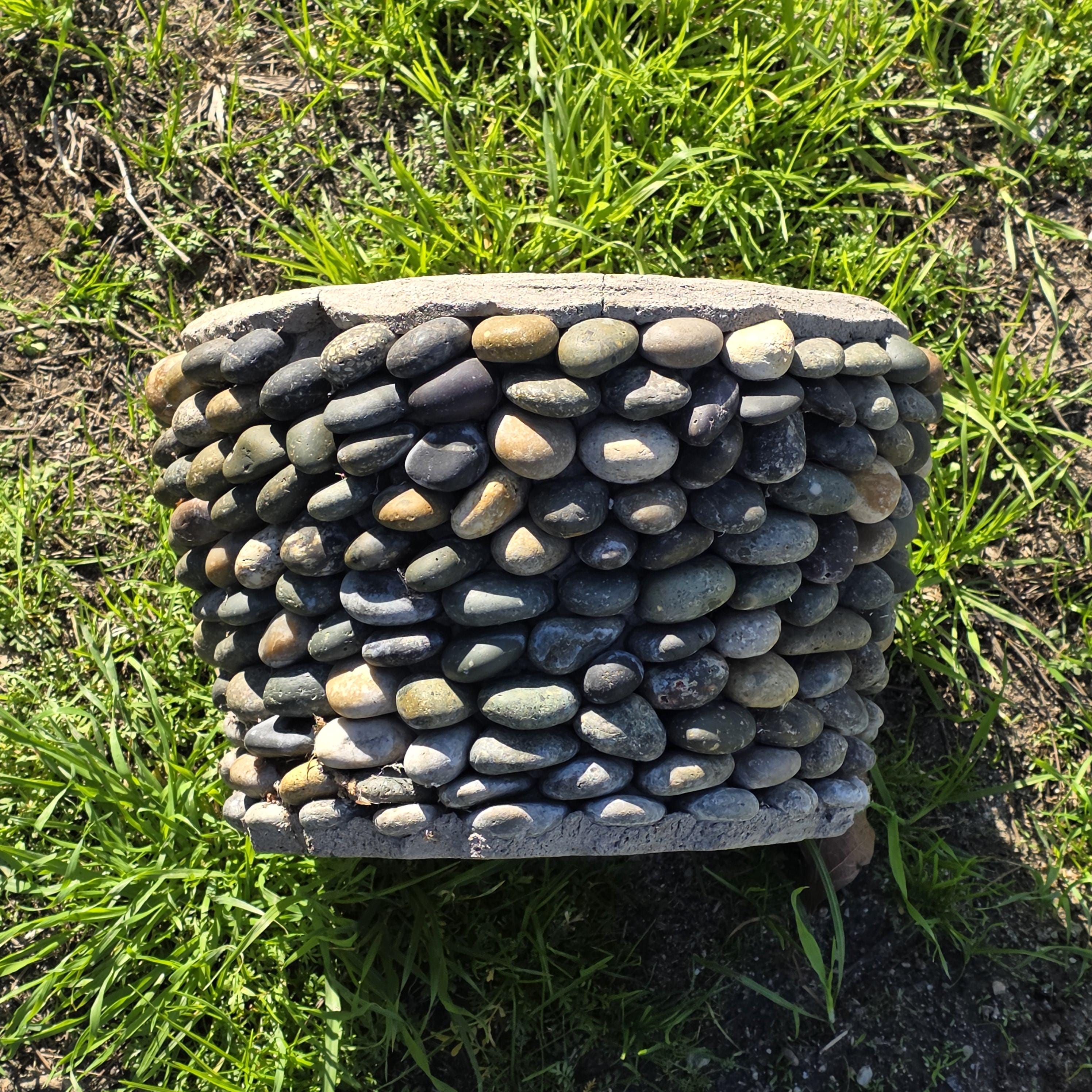 Vintage Hand-Made River Rock Concrete Planter – 13"Dia x 8.75"H - Heavy 43lb.