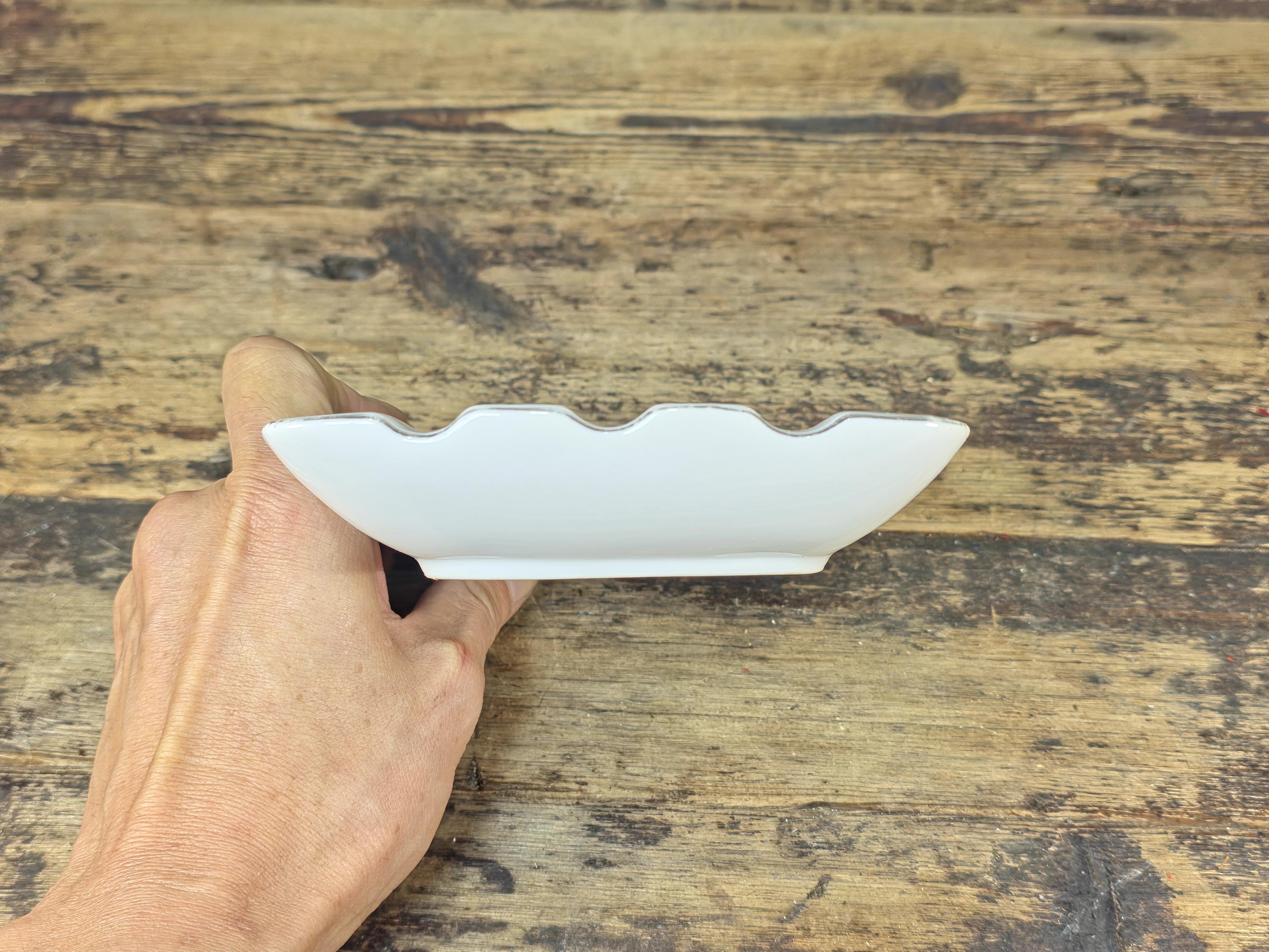 Kutani Japan White Porcelain Ashtray with Raised Chrysanthemum & Silver Trim