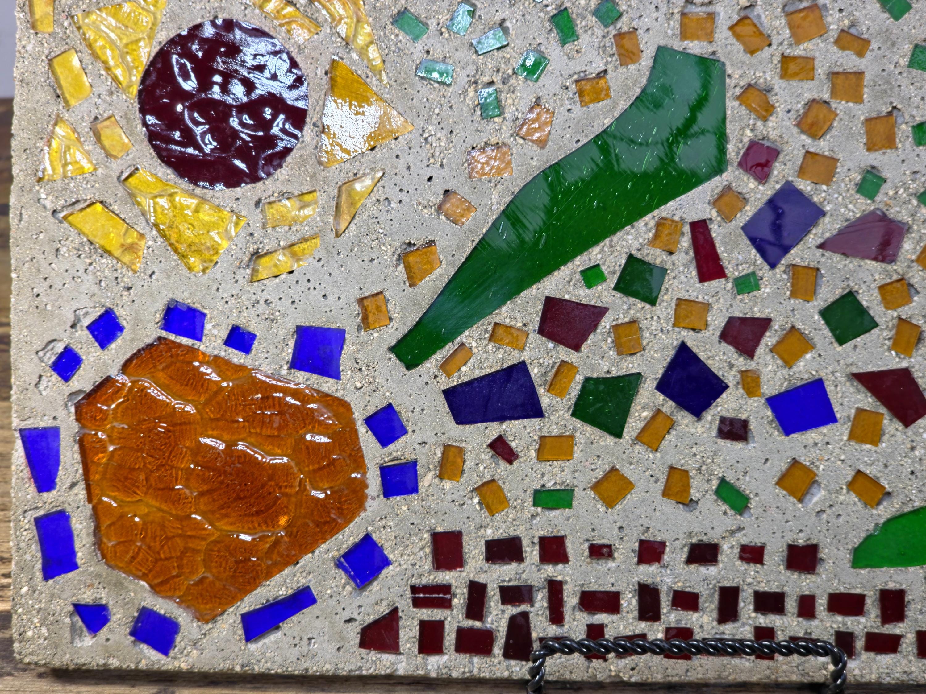 Glass Mosaic Art Tile Mid Century Style Abstract Colorful Wall Plaque 16.25" L × 9" W 7.2lb.