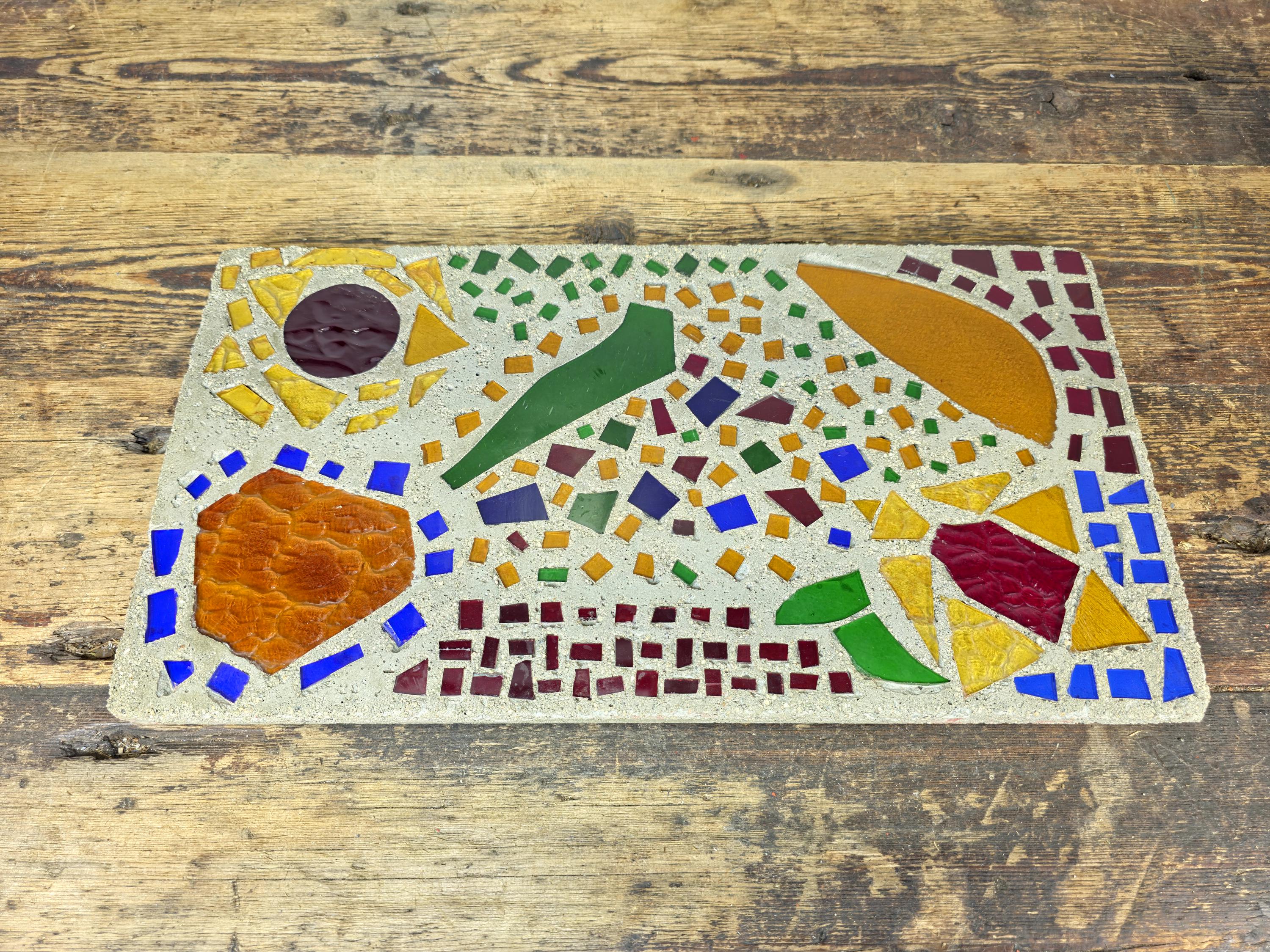 Glass Mosaic Art Tile Mid Century Style Abstract Colorful Wall Plaque 16.25" L × 9" W 7.2lb.