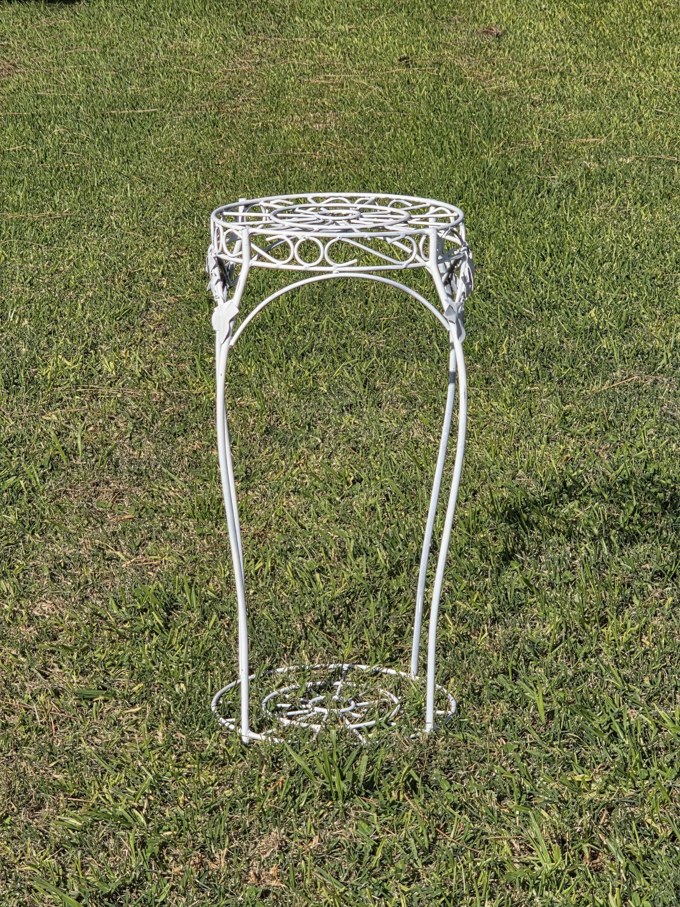 On Hold/ Vintage White Wire Metal Plant Stand with Ivy Accents – 22"H