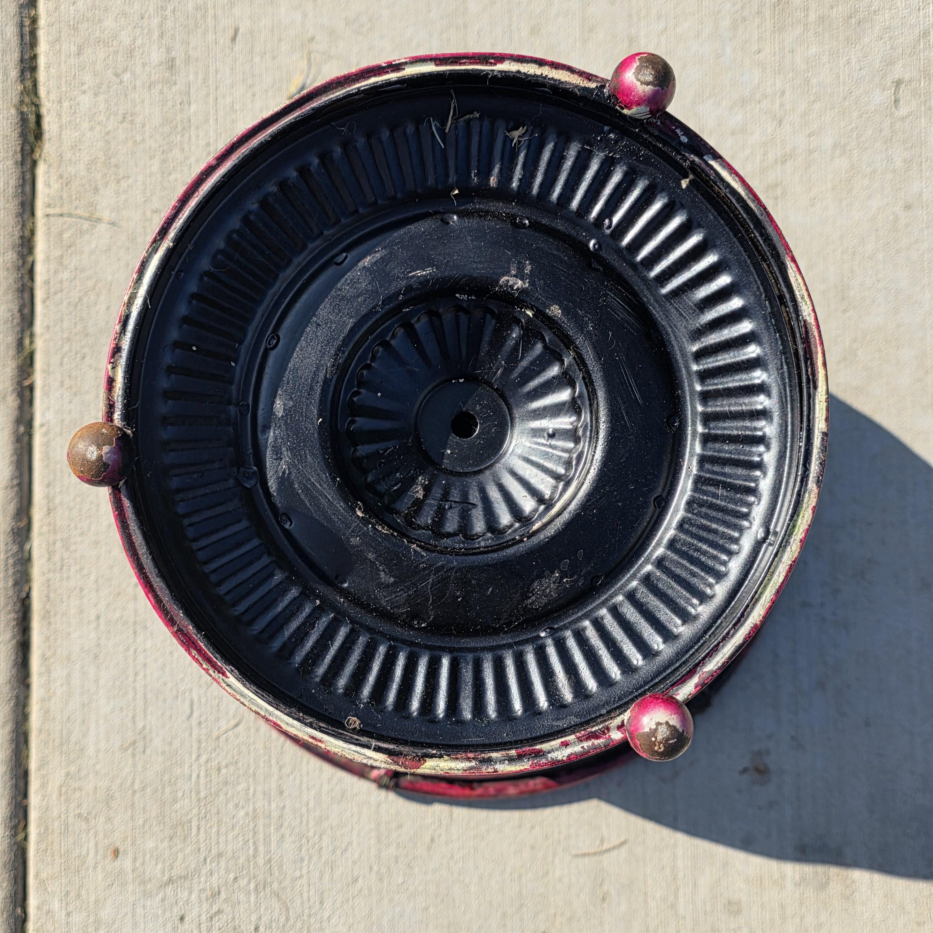 Ornate Metal Pedestal Planter Large 17.5"Dia Urn Stand w/ Red & Gold Patina