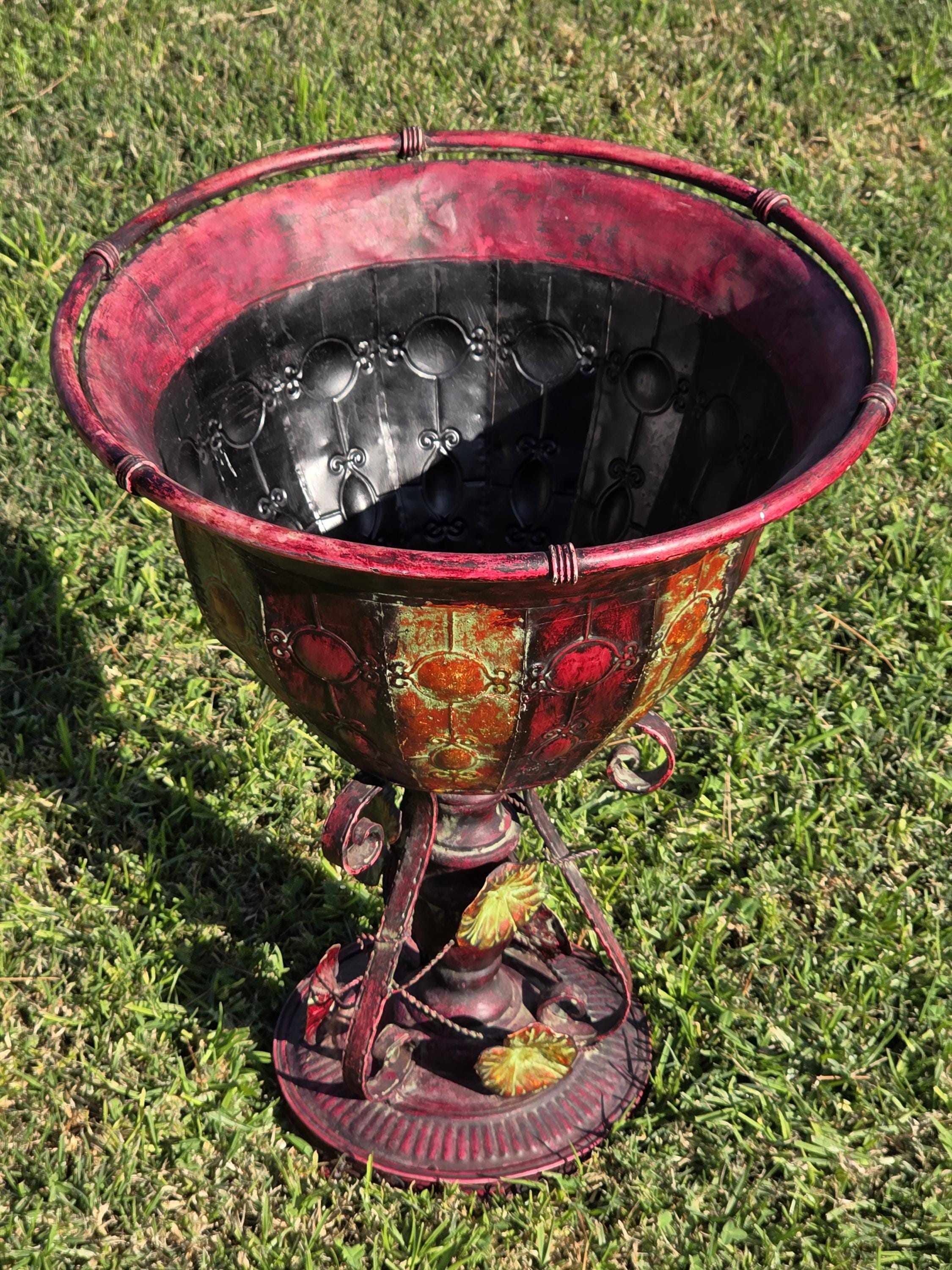 Ornate Metal Pedestal Planter Large 17.5"Dia Urn Stand w/ Red & Gold Patina