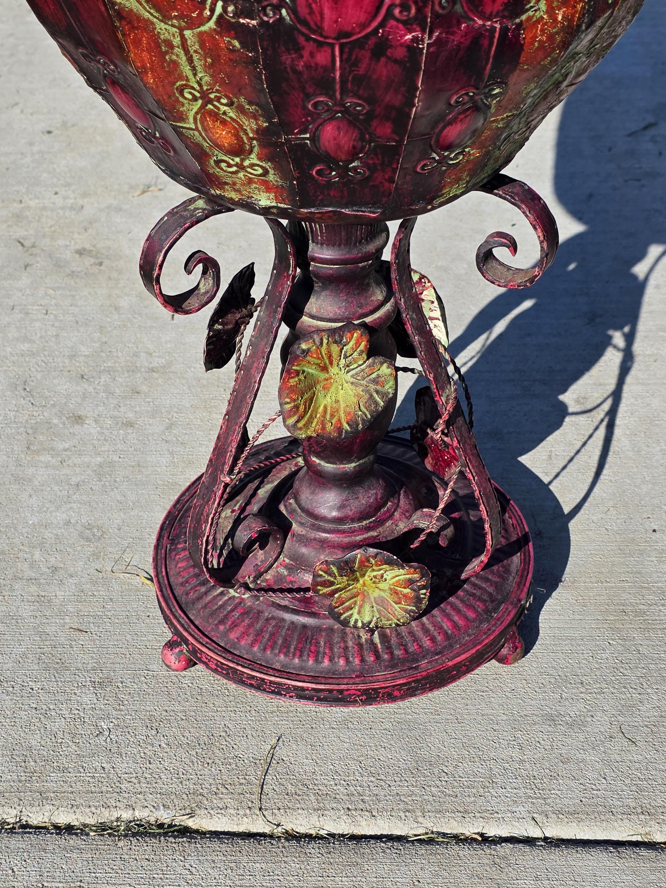 Ornate Metal Pedestal Planter Large 17.5"Dia Urn Stand w/ Red & Gold Patina