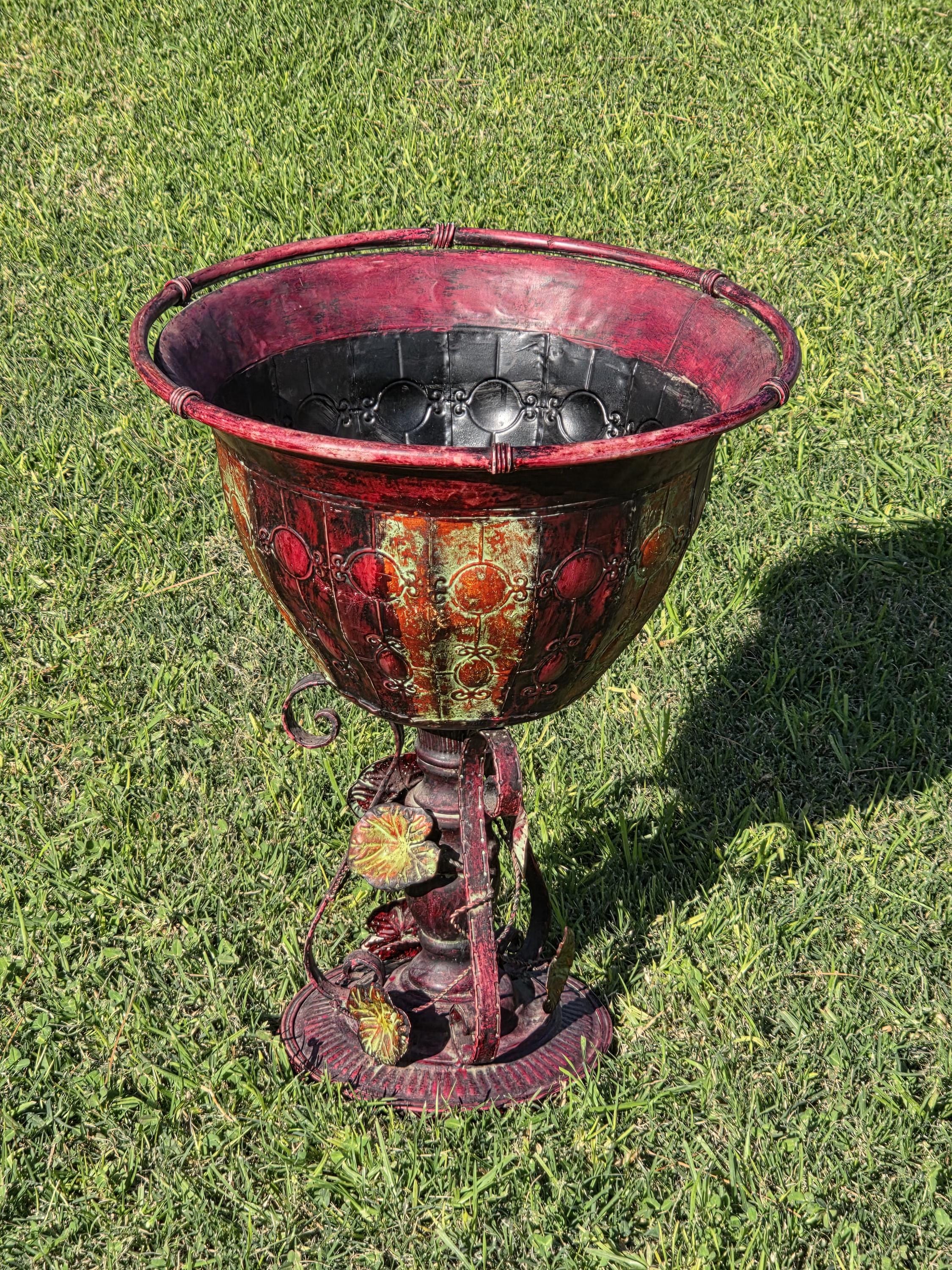 Ornate Metal Pedestal Planter Large 17.5"Dia Urn Stand w/ Red & Gold Patina