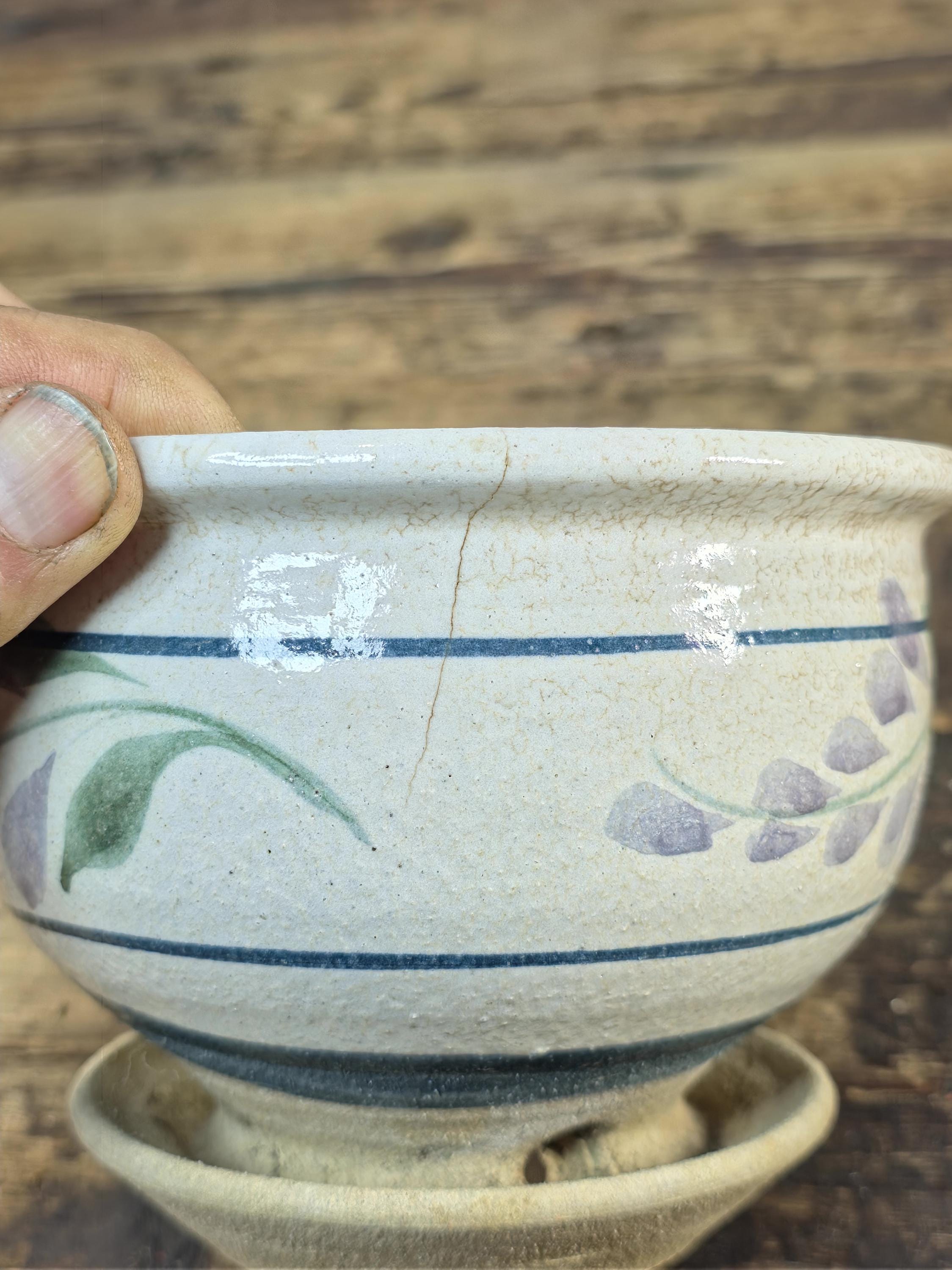 Vintage Hand-Painted Ceramic Planter with Saucer – Floral Design, 1990s