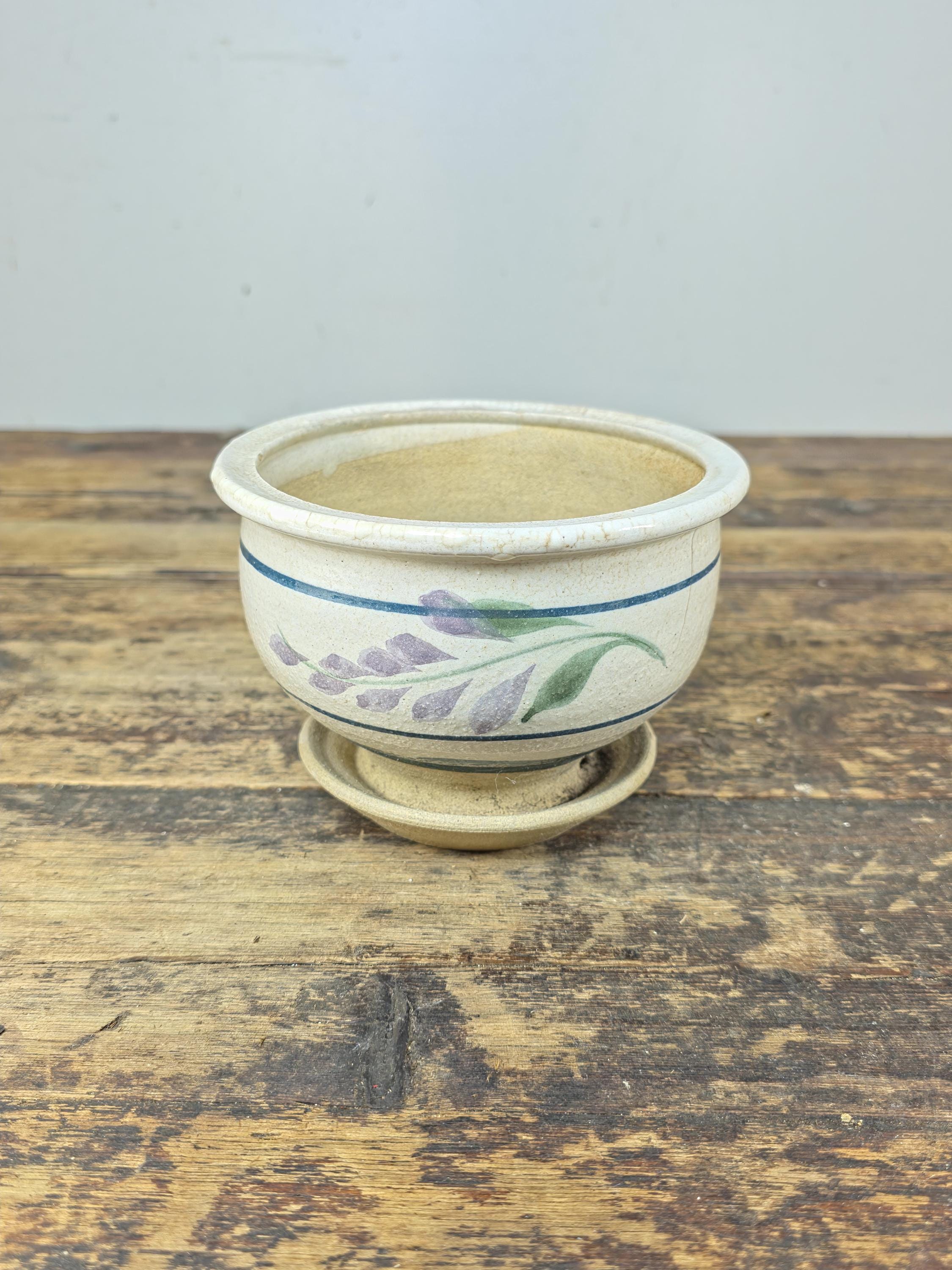 Vintage Hand-Painted Ceramic Planter with Saucer – Floral Design, 1990s