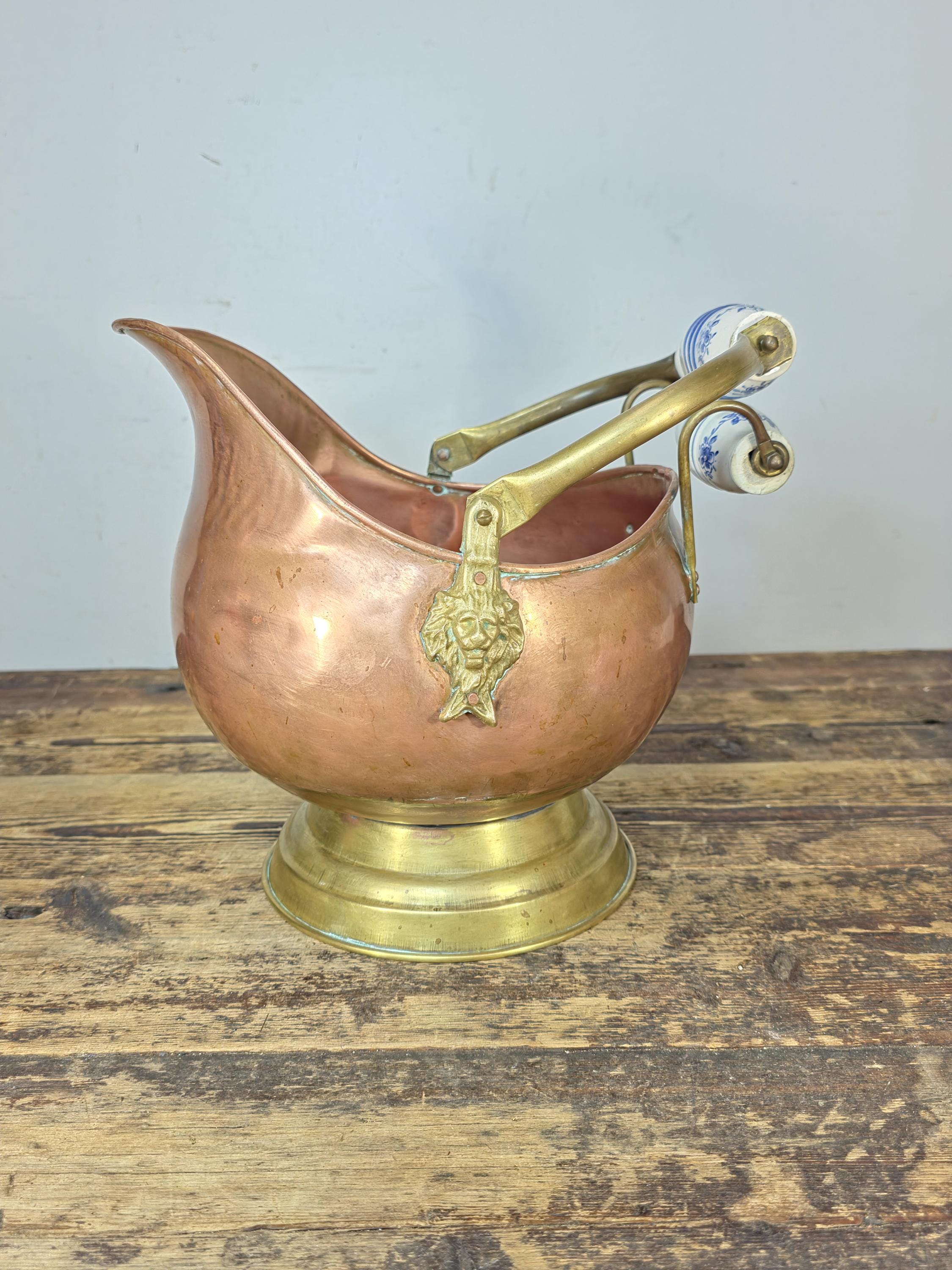 Vintage Copper & Brass Coal Scuttle w/ Delft-Style Ceramic Handles and Lion Heads