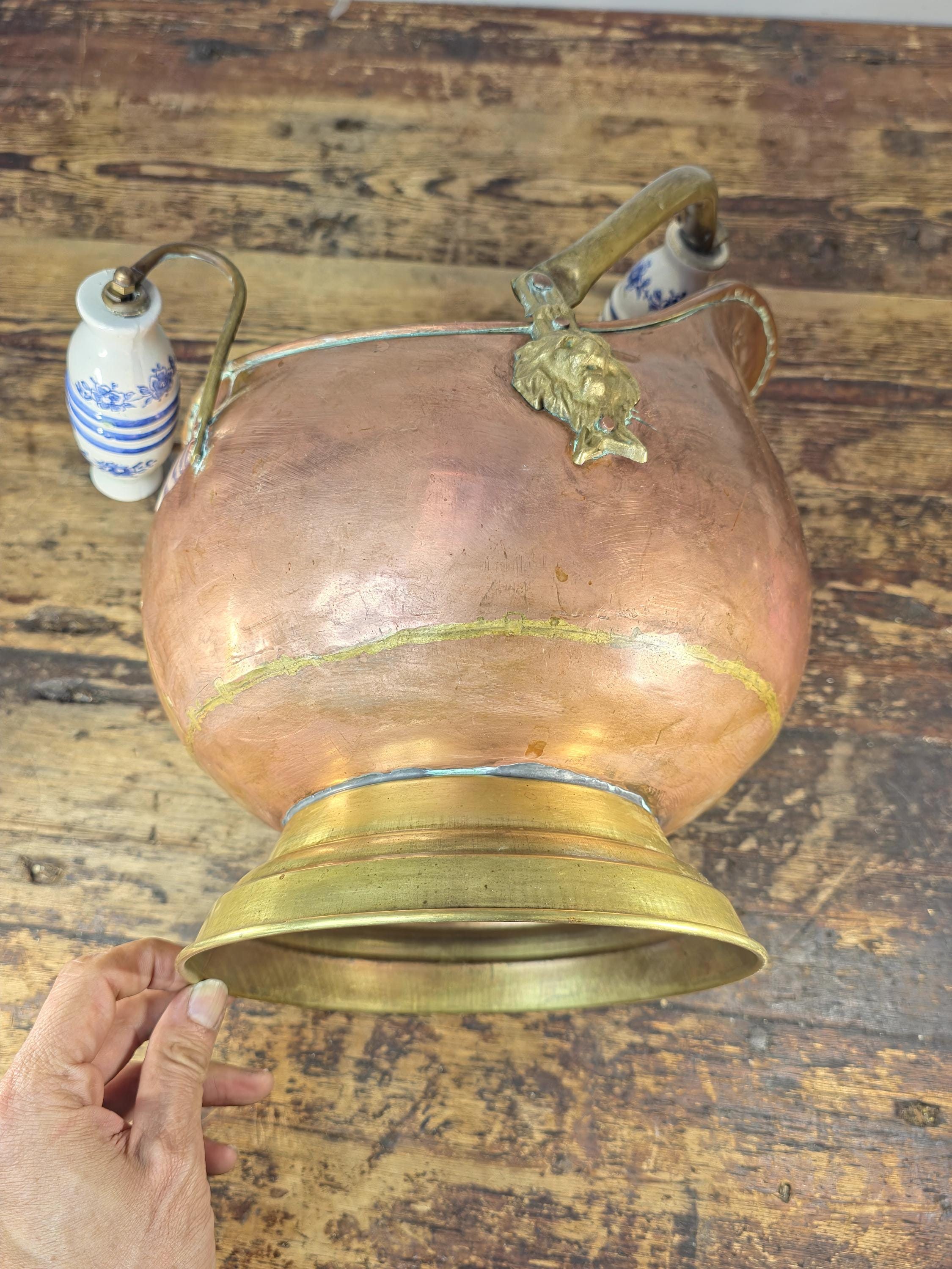 Vintage Copper & Brass Coal Scuttle w/ Delft-Style Ceramic Handles and Lion Heads
