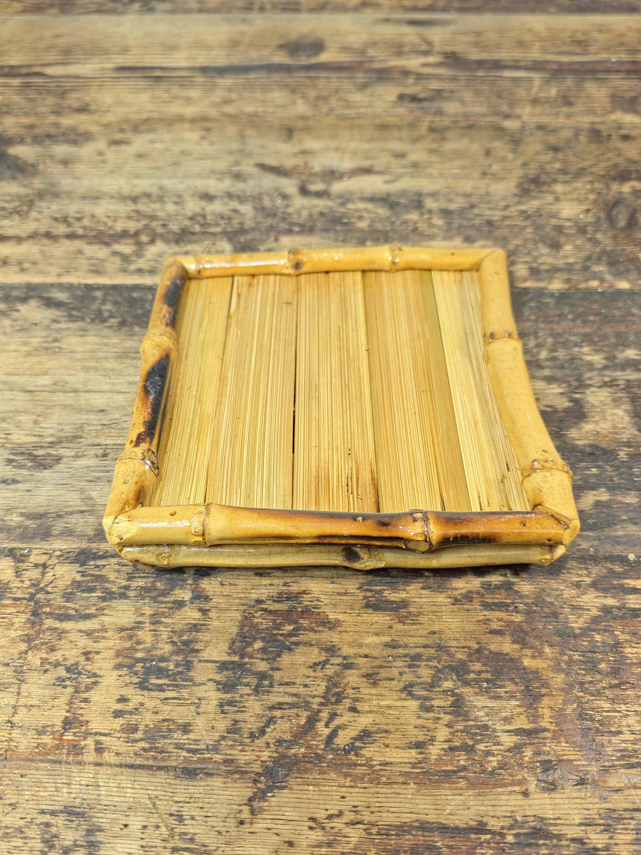 Vintage Handmade Bamboo Square Tray – 5.5" Natural Display Stand / Coaster