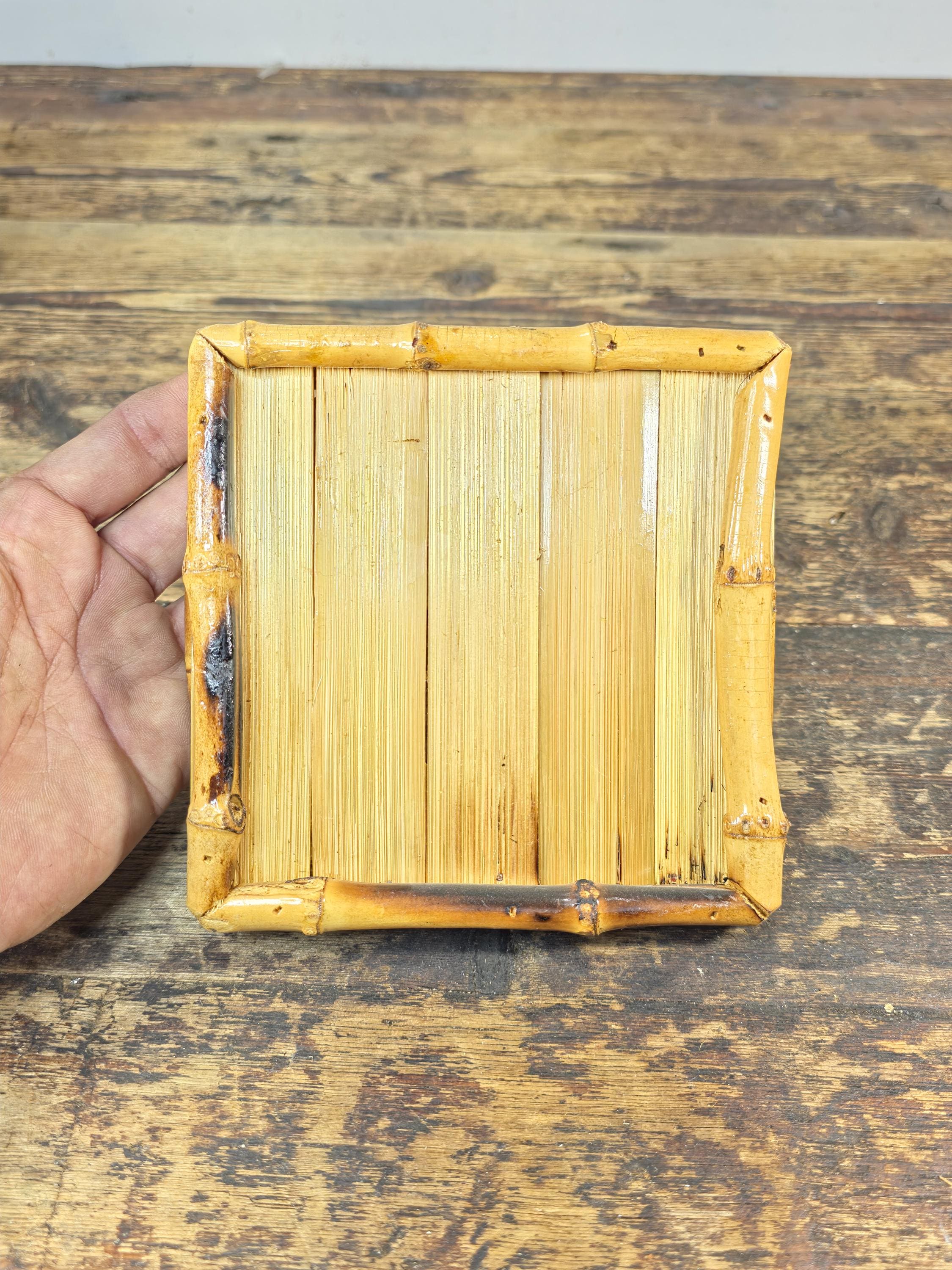 Vintage Handmade Bamboo Square Tray – 5.5" Natural Display Stand / Coaster