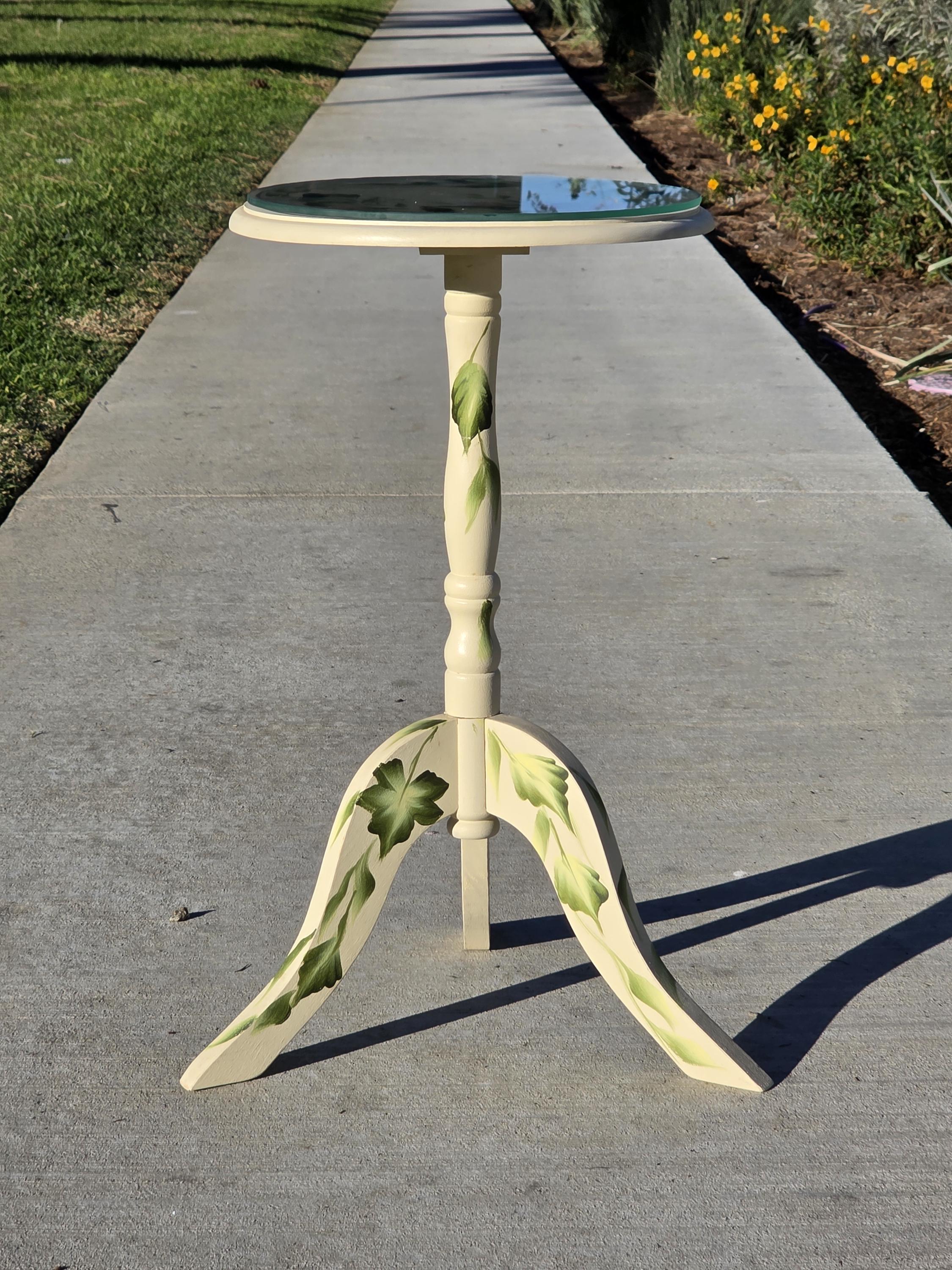 Hand Painted Floral Accent Table Signed Rosetta w/ Glass Top 22"