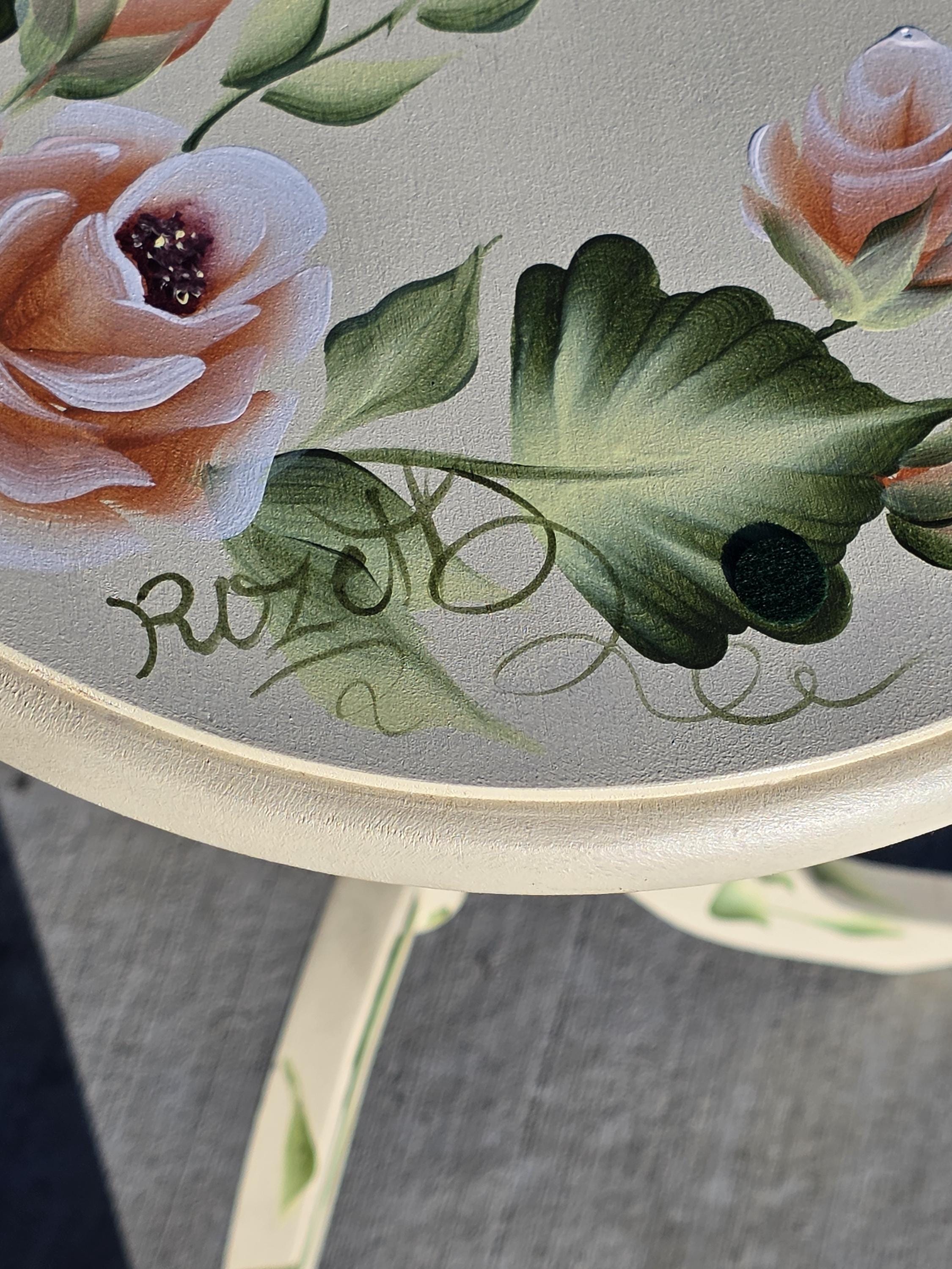Hand Painted Floral Accent Table Signed Rosetta w/ Glass Top 22"