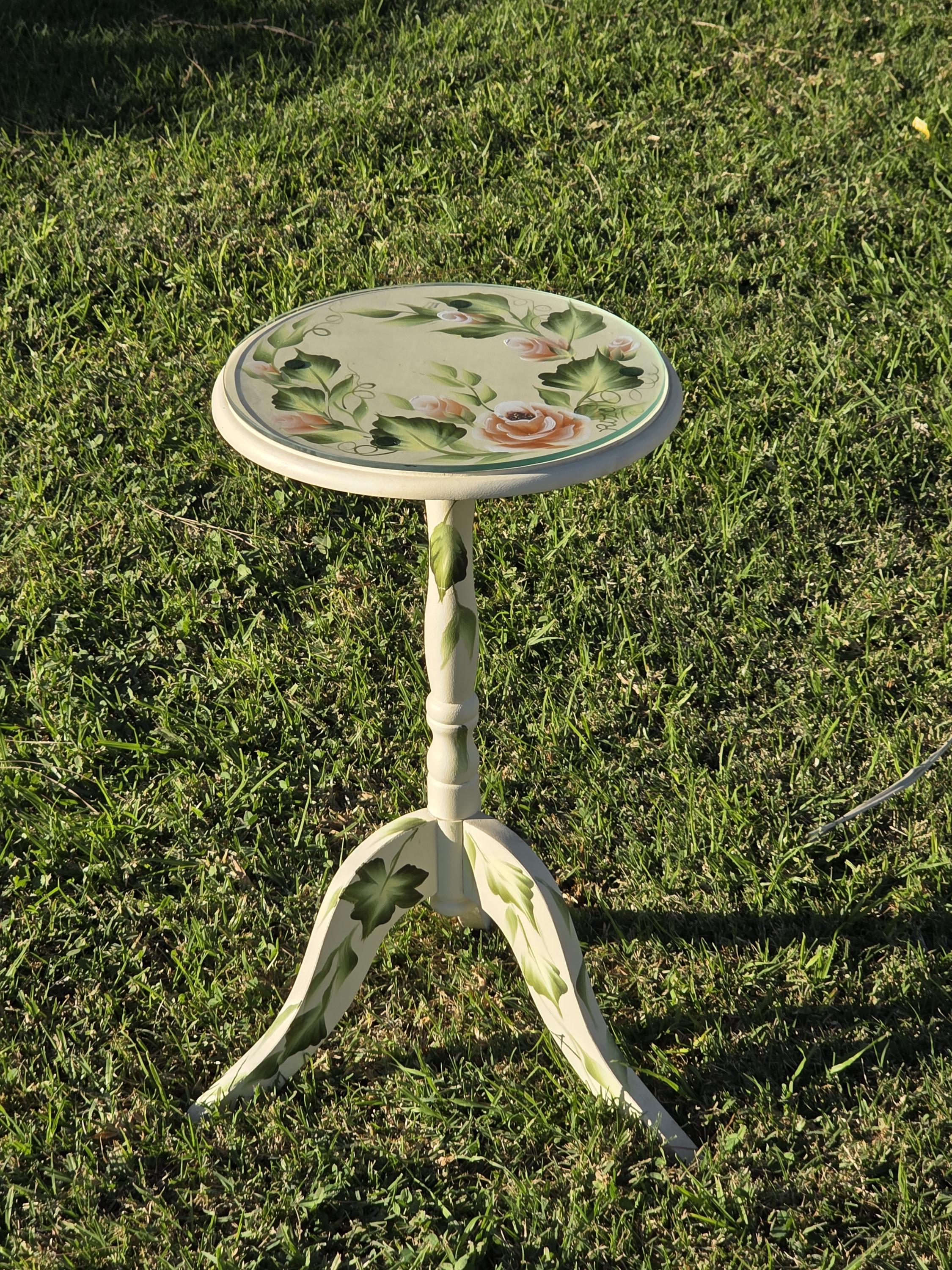 Hand Painted Floral Accent Table Signed Rosetta w/ Glass Top 22"