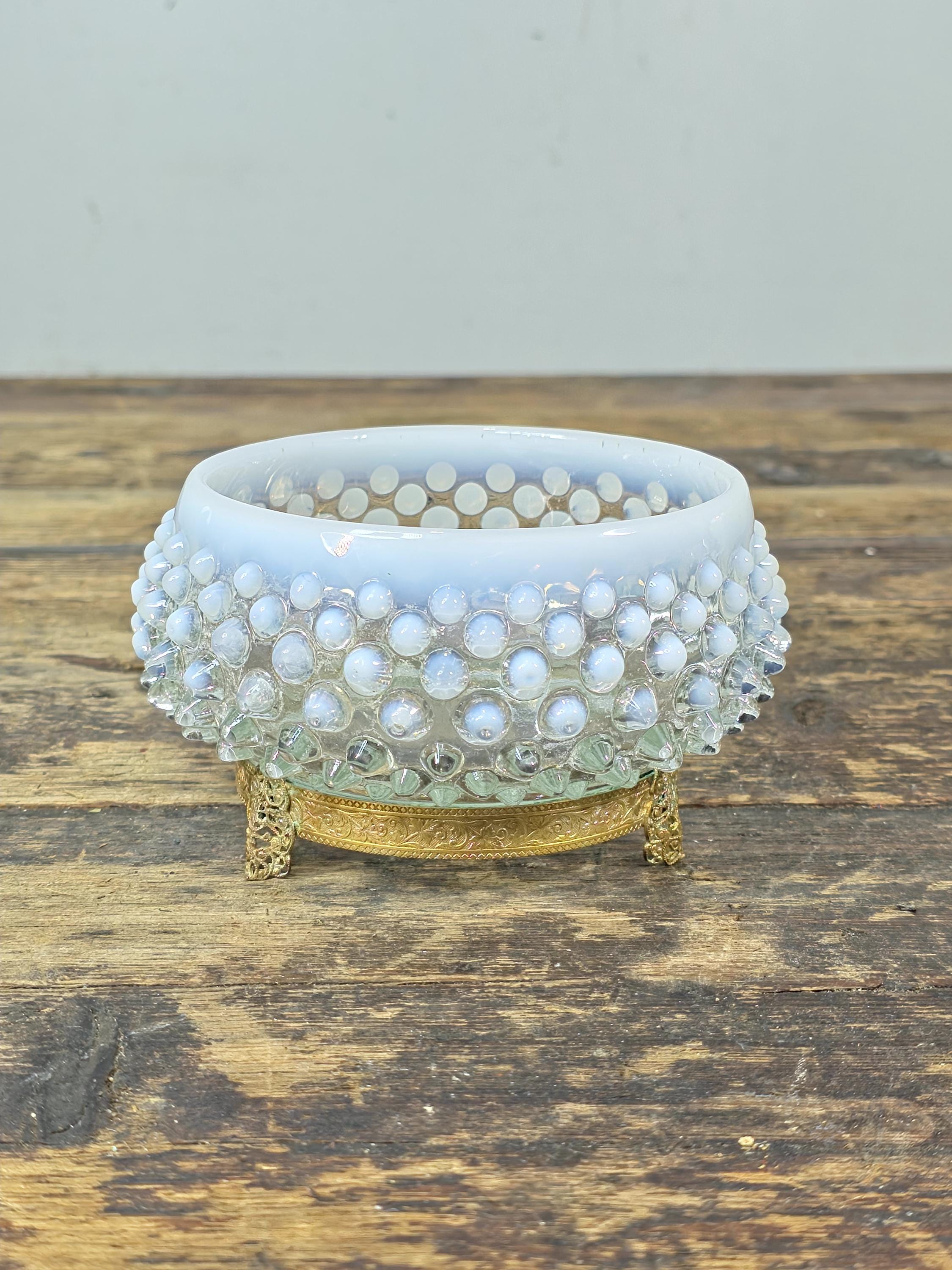 Vintage Opalescent Hobnail Glass Bowl with Fixed Ornate Brass Stand