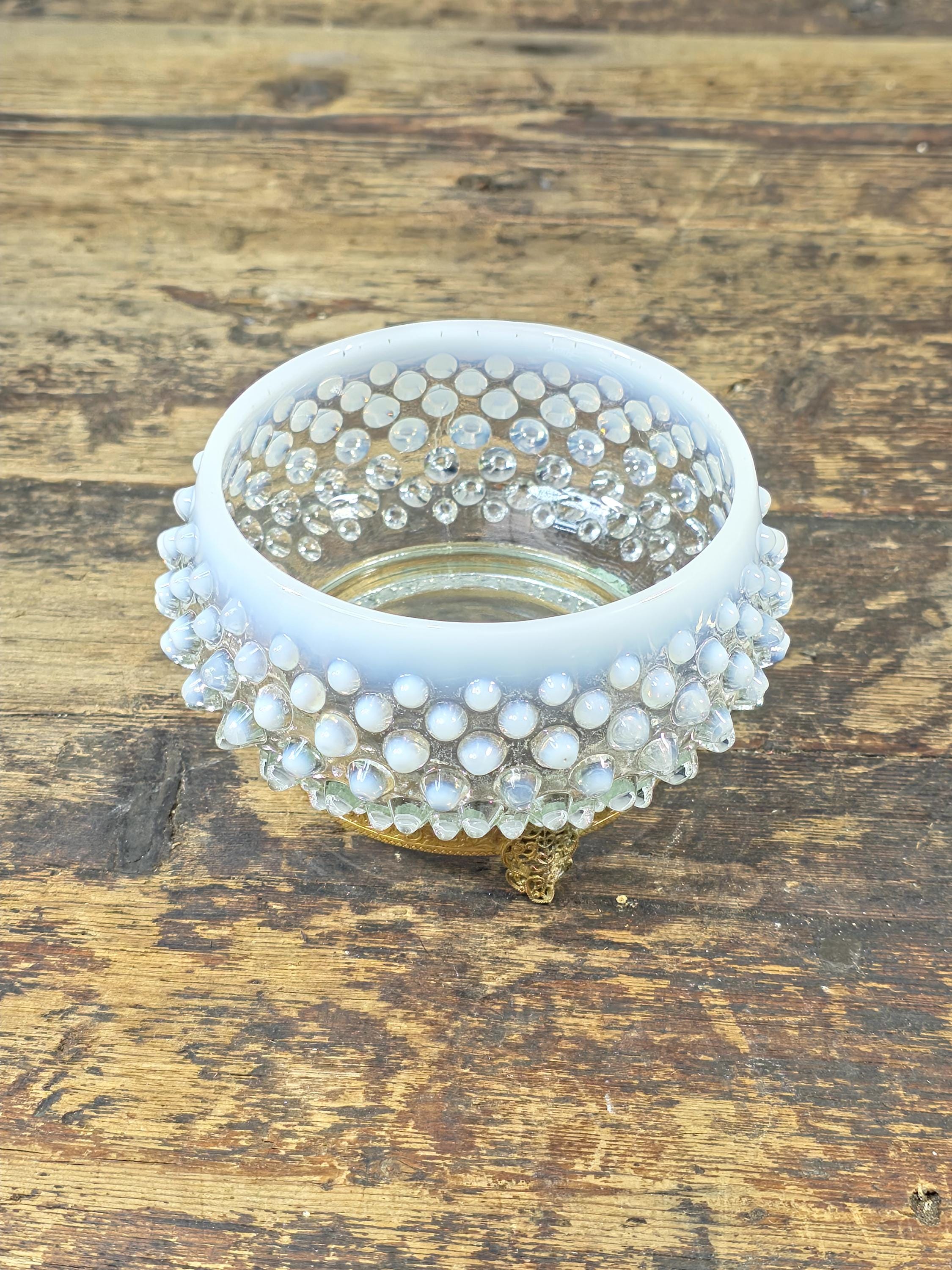Vintage Opalescent Hobnail Glass Bowl with Fixed Ornate Brass Stand