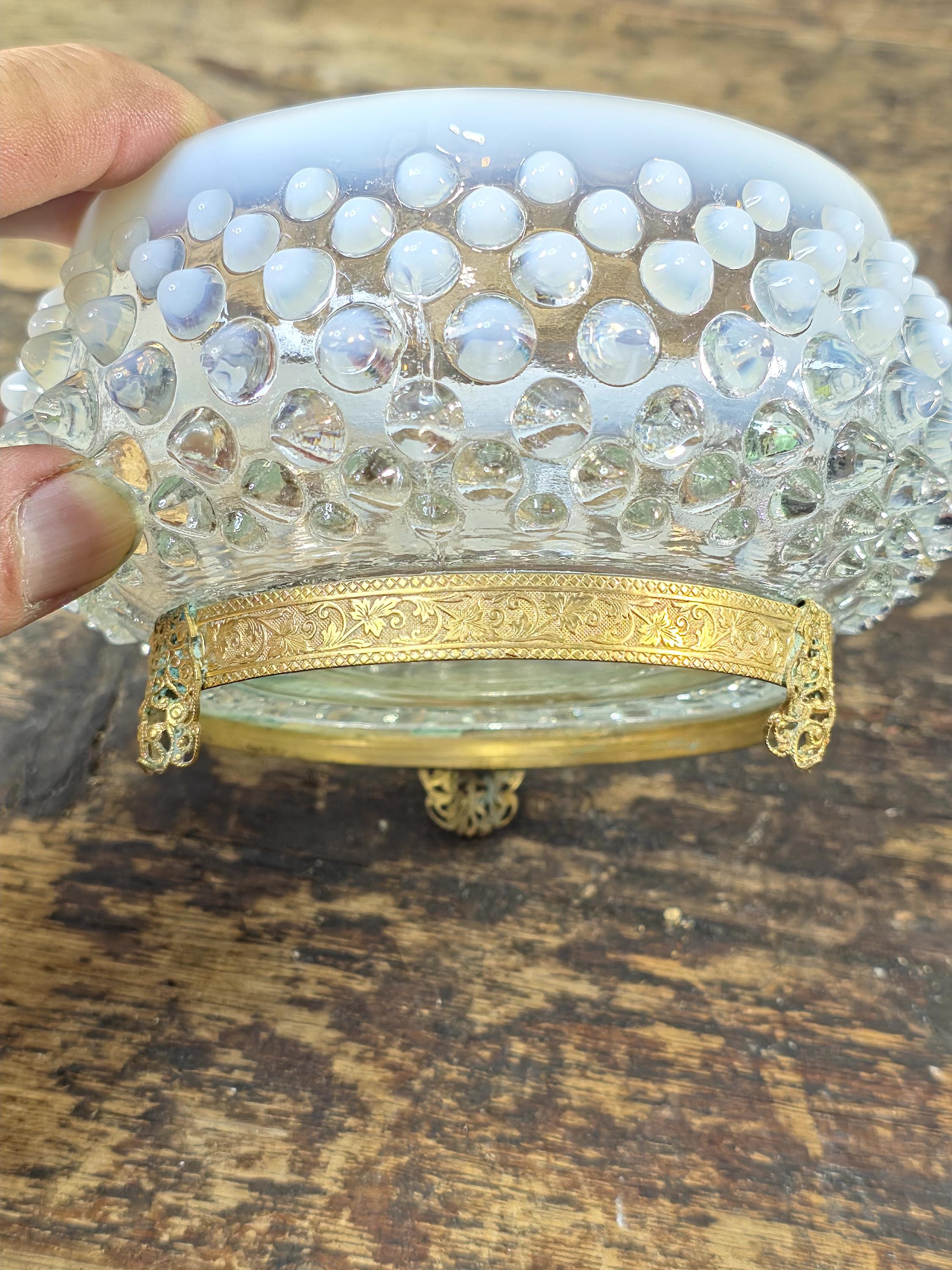 Vintage Opalescent Hobnail Glass Bowl with Fixed Ornate Brass Stand