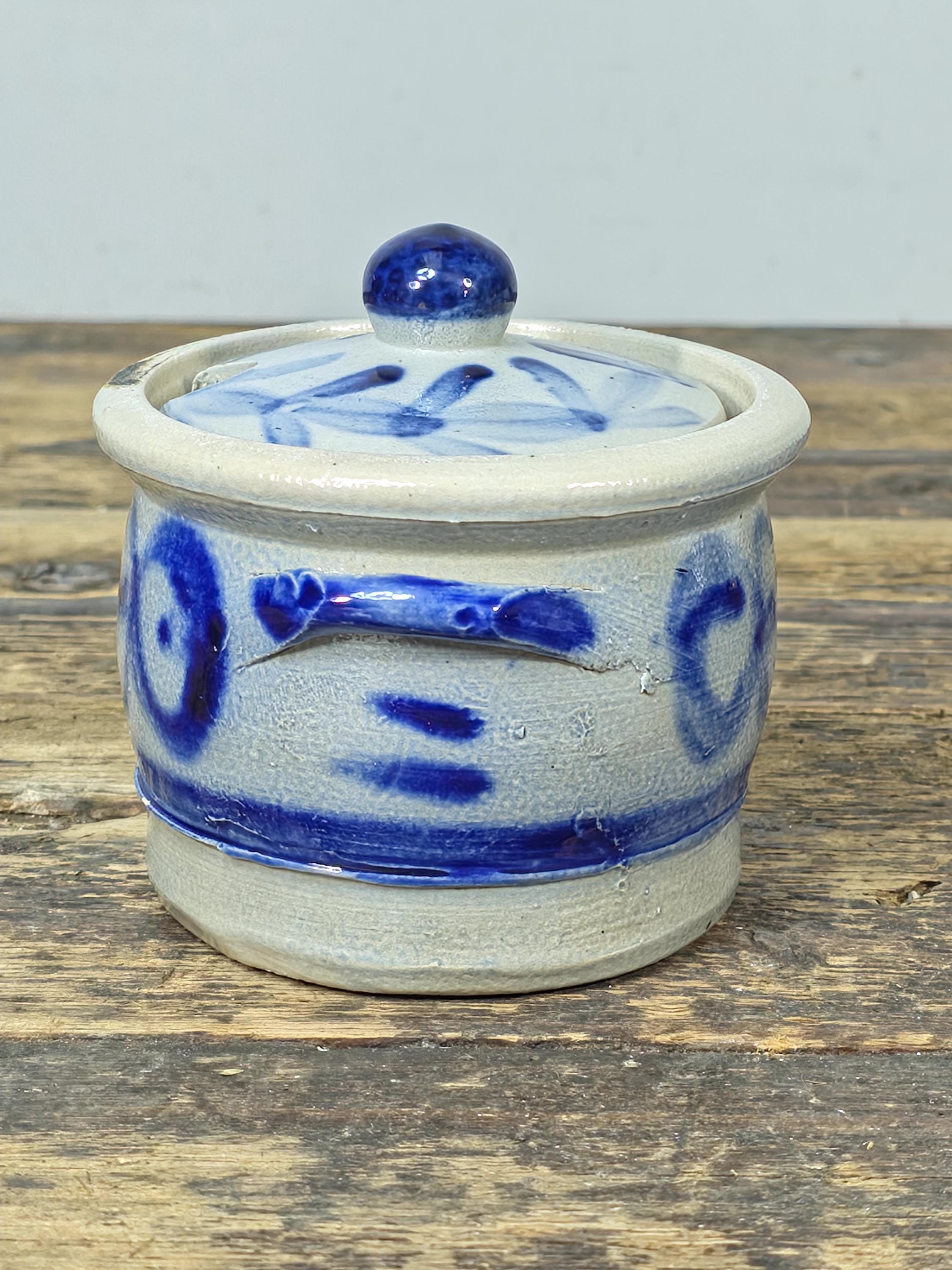 Small Blue & White Stoneware Crock with Lid – Hand Painted Folk Pottery 4" Jar