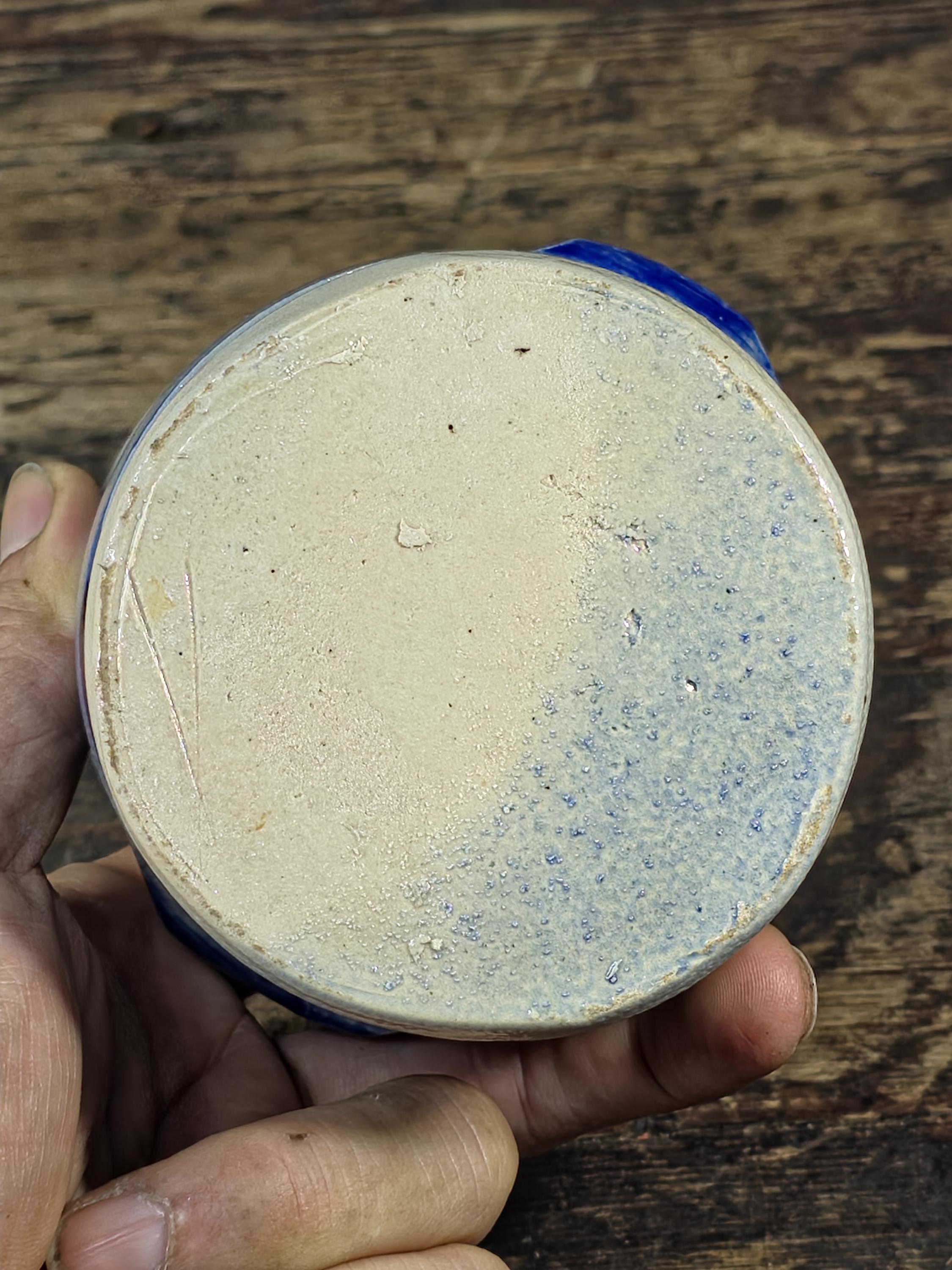 Small Blue & White Stoneware Crock with Lid – Hand Painted Folk Pottery 4" Jar