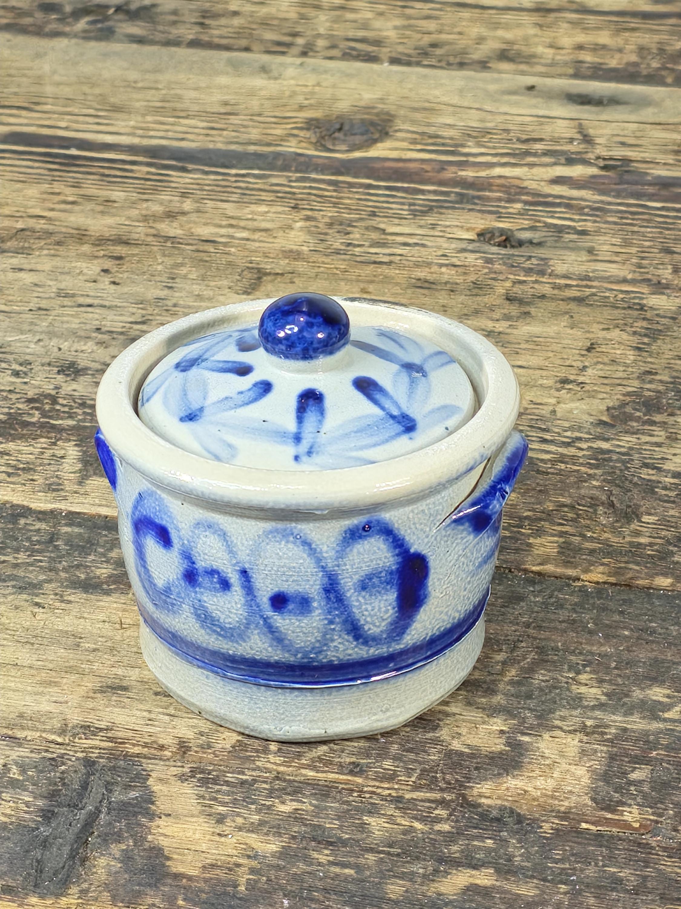 Small Blue & White Stoneware Crock with Lid – Hand Painted Folk Pottery 4" Jar