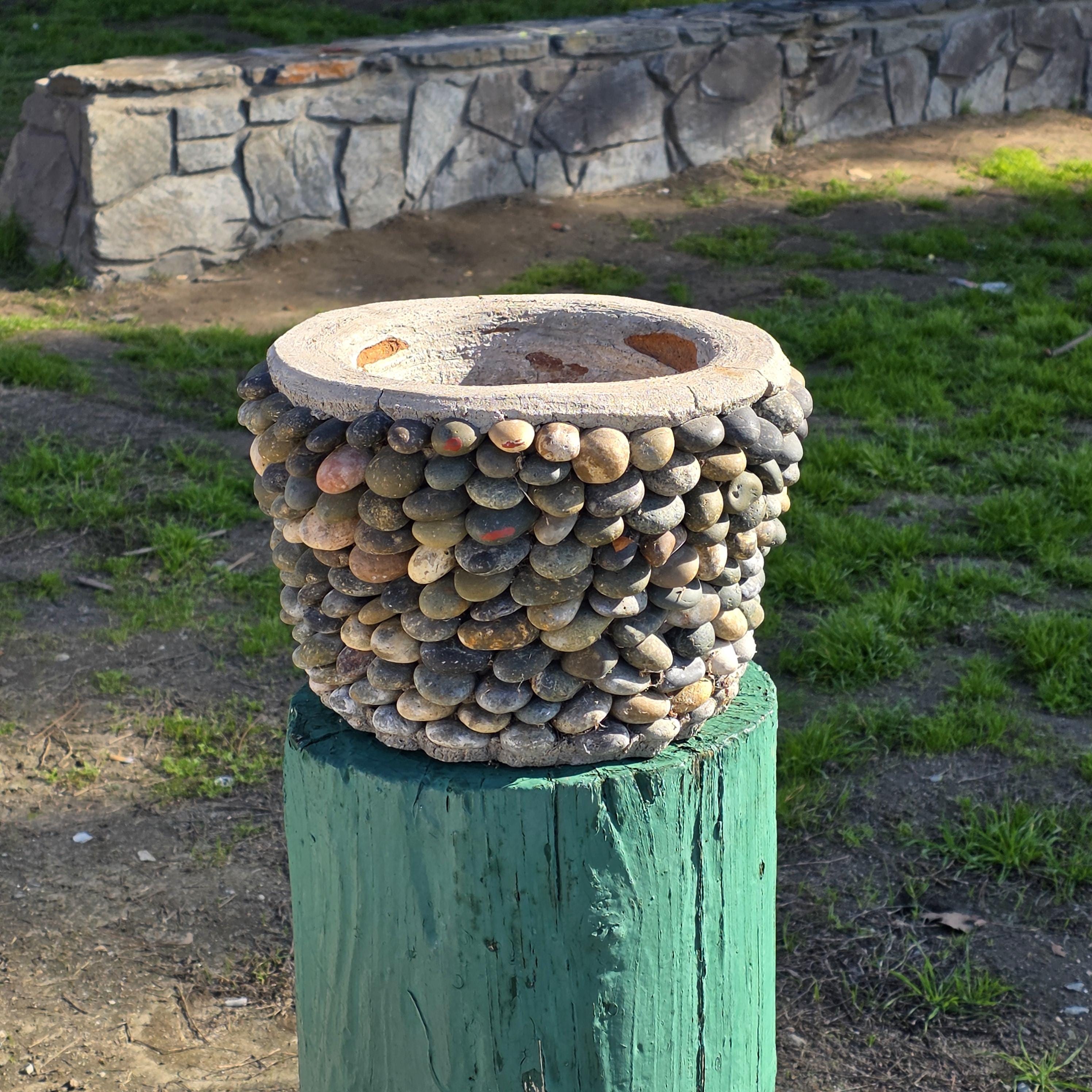 Vintage Hand-Made River Rock Concrete Planter – 13"Dia x 8.75"H - Heavy 43lb.