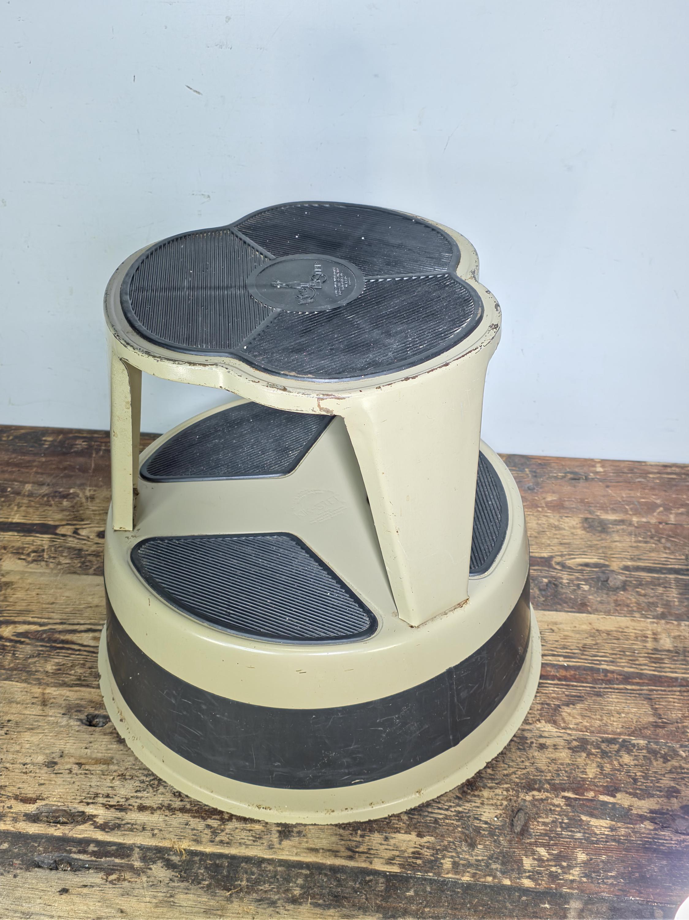 Vintage KIK-STEP Rolling Step Stool Beige Black Industrial 1980s USA