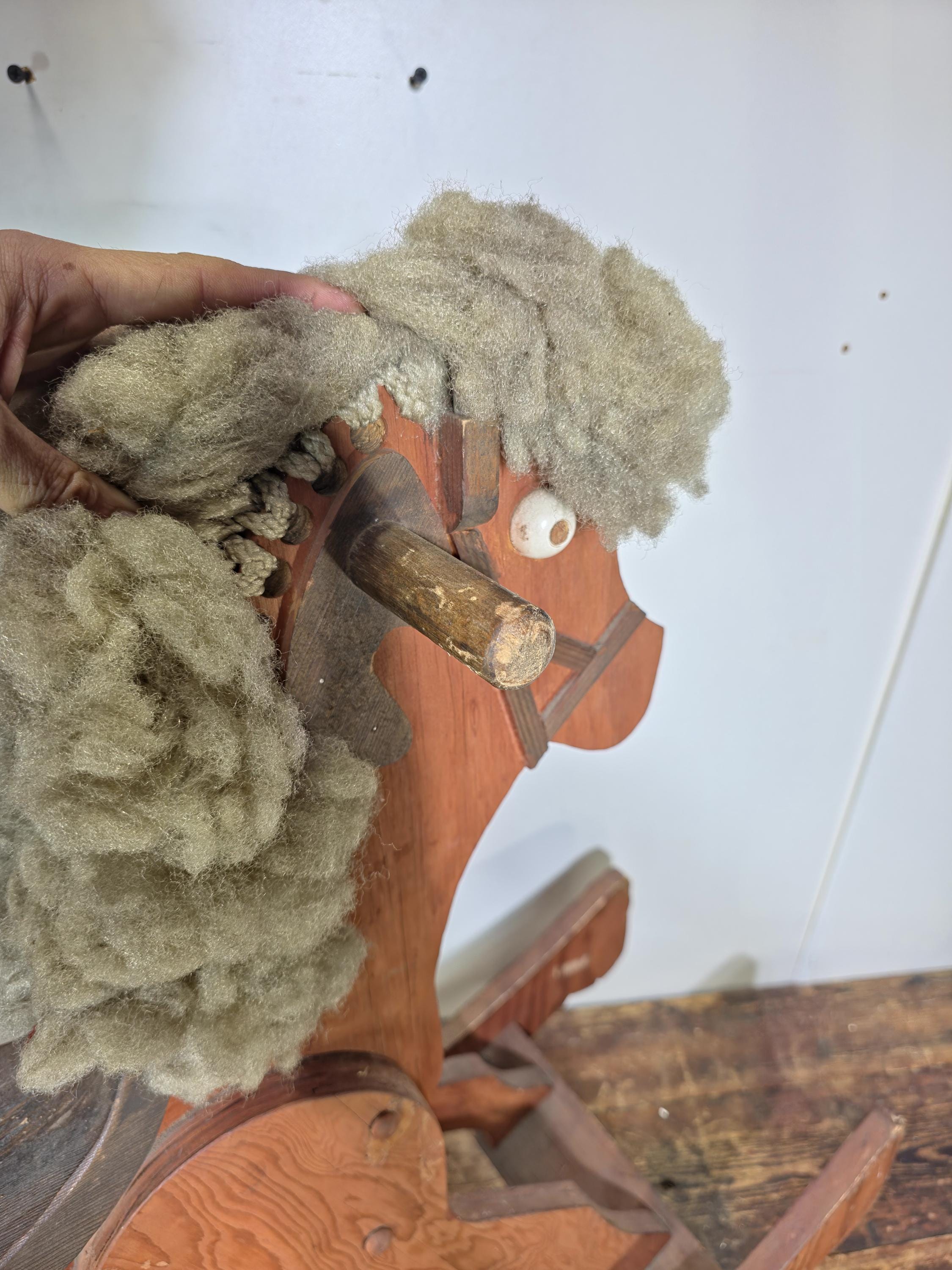 Large Wooden Rocking Horse with Wool Mane – Rustic Farmhouse Decor