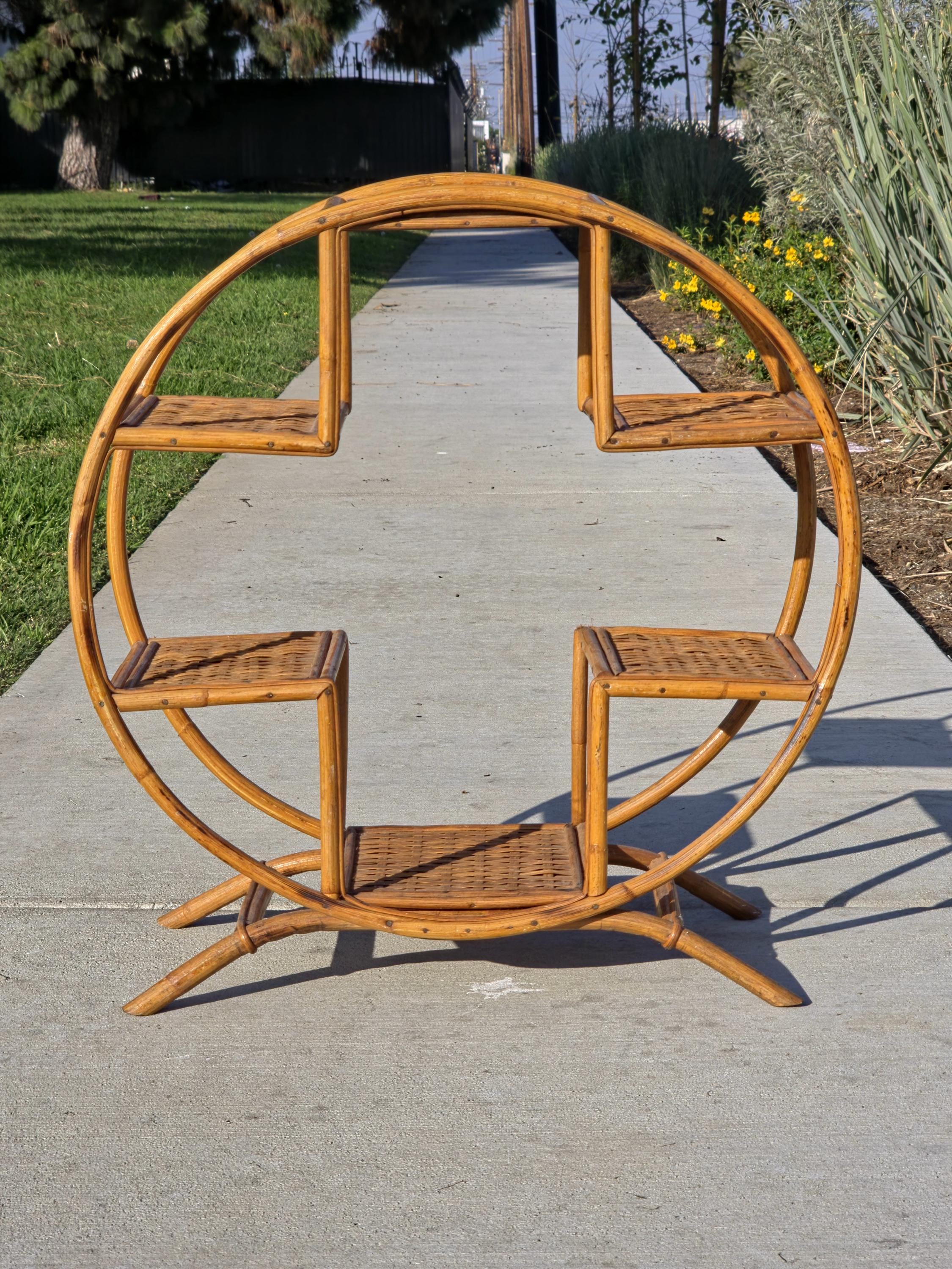 Rare 1930s-50s Boho Rattan Circle Shelf | 6-Tier Wicker Plant Stand Masterpiece
