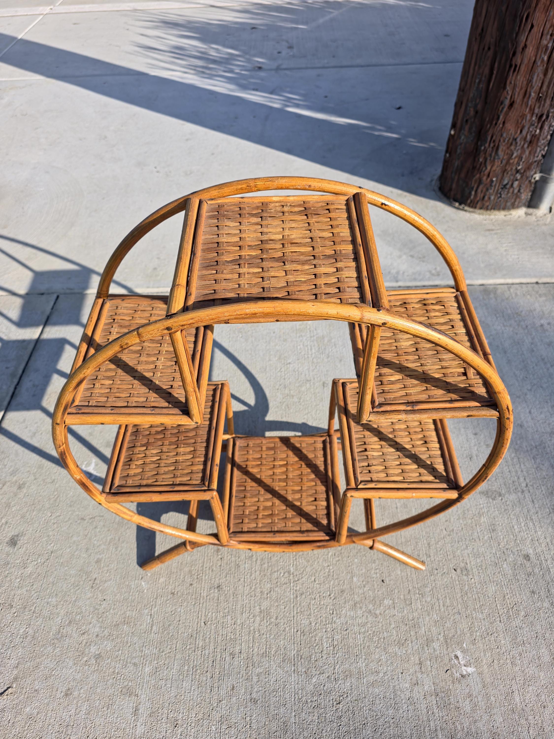 Rare 1930s-50s Boho Rattan Circle Shelf | 6-Tier Wicker Plant Stand Masterpiece