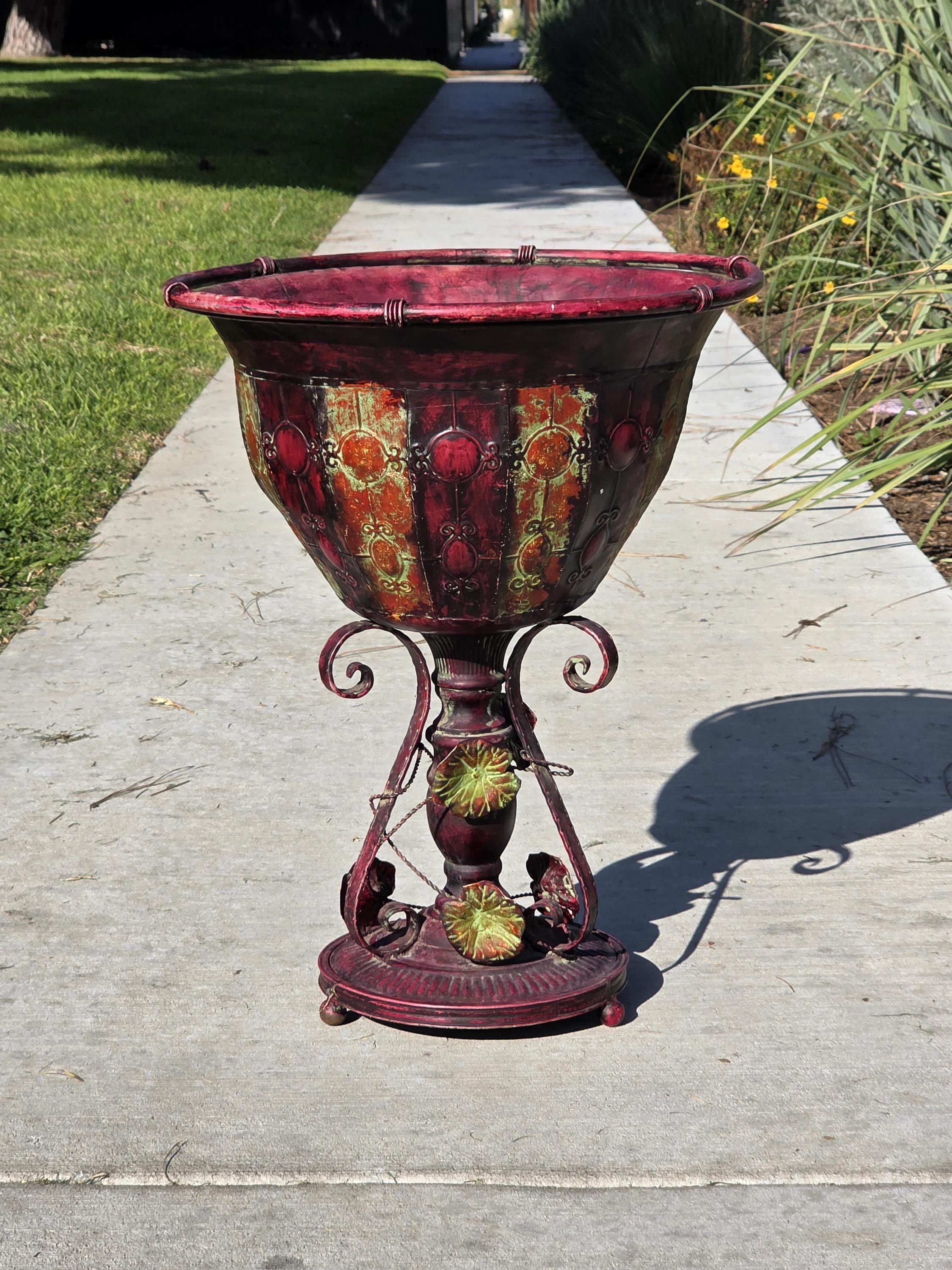 Ornate Metal Pedestal Planter Large 17.5"Dia Urn Stand w/ Red & Gold Patina