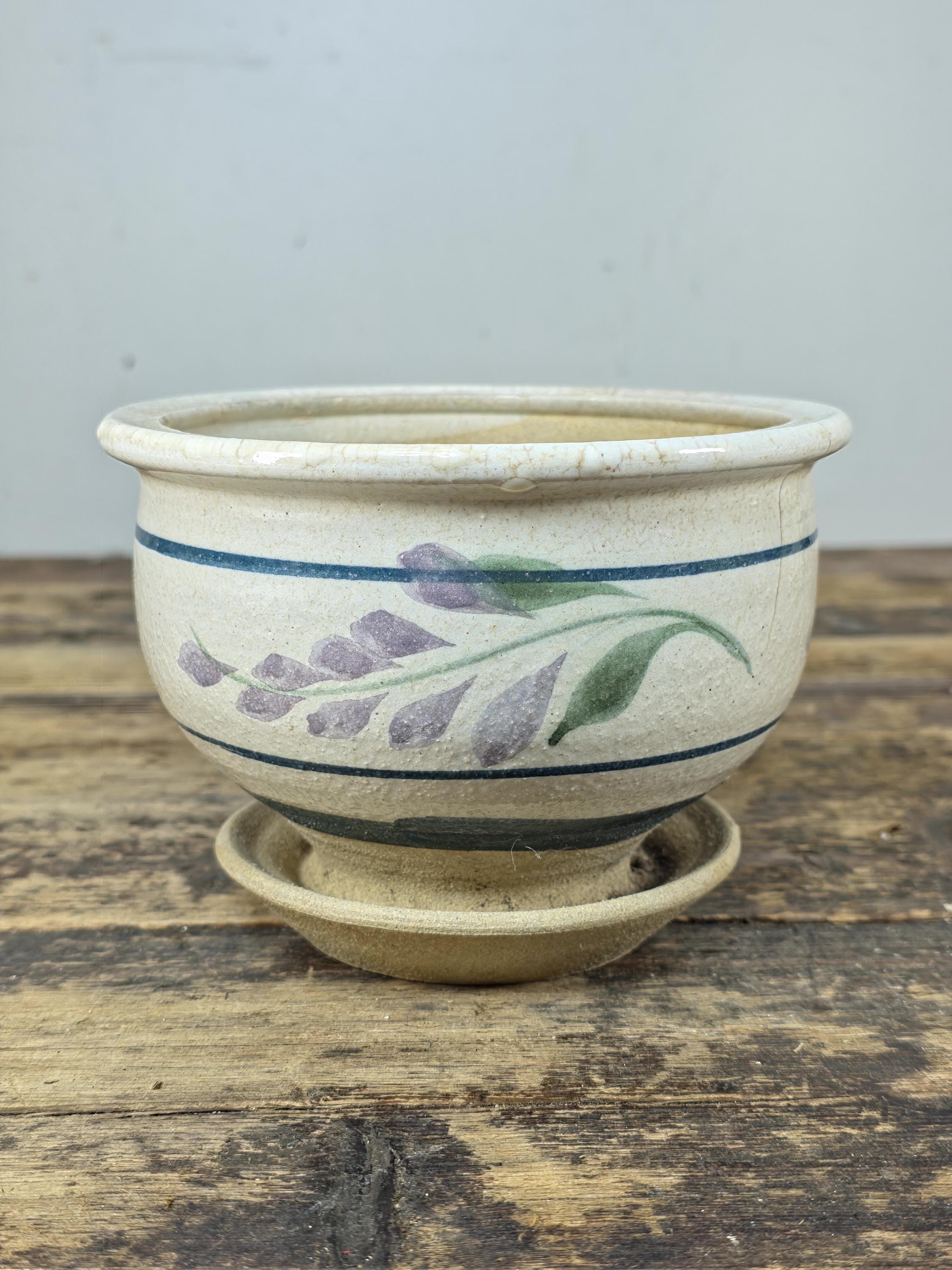 Vintage Hand-Painted Ceramic Planter with Saucer – Floral Design, 1990s