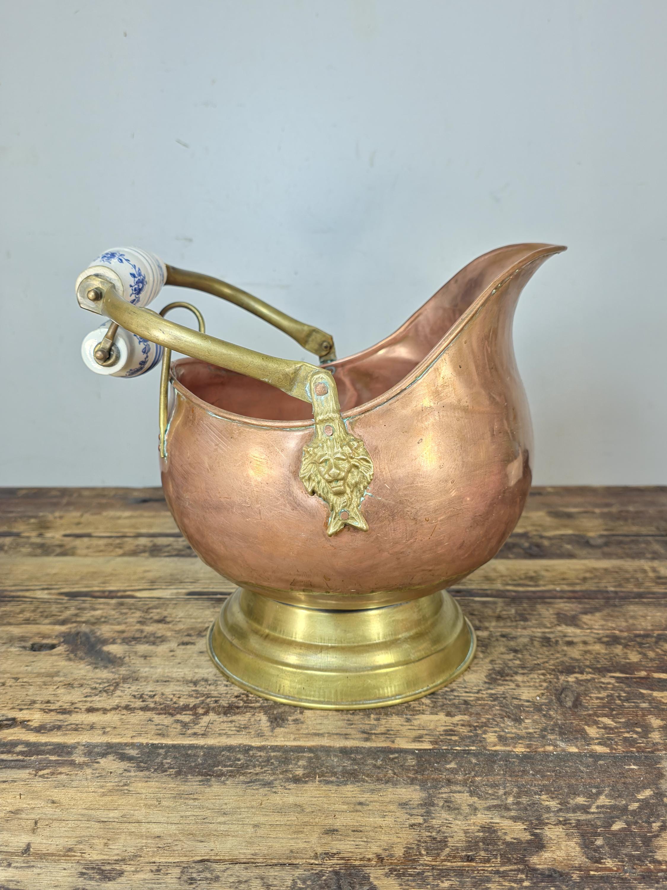 Vintage Copper & Brass Coal Scuttle w/ Delft-Style Ceramic Handles and Lion Heads