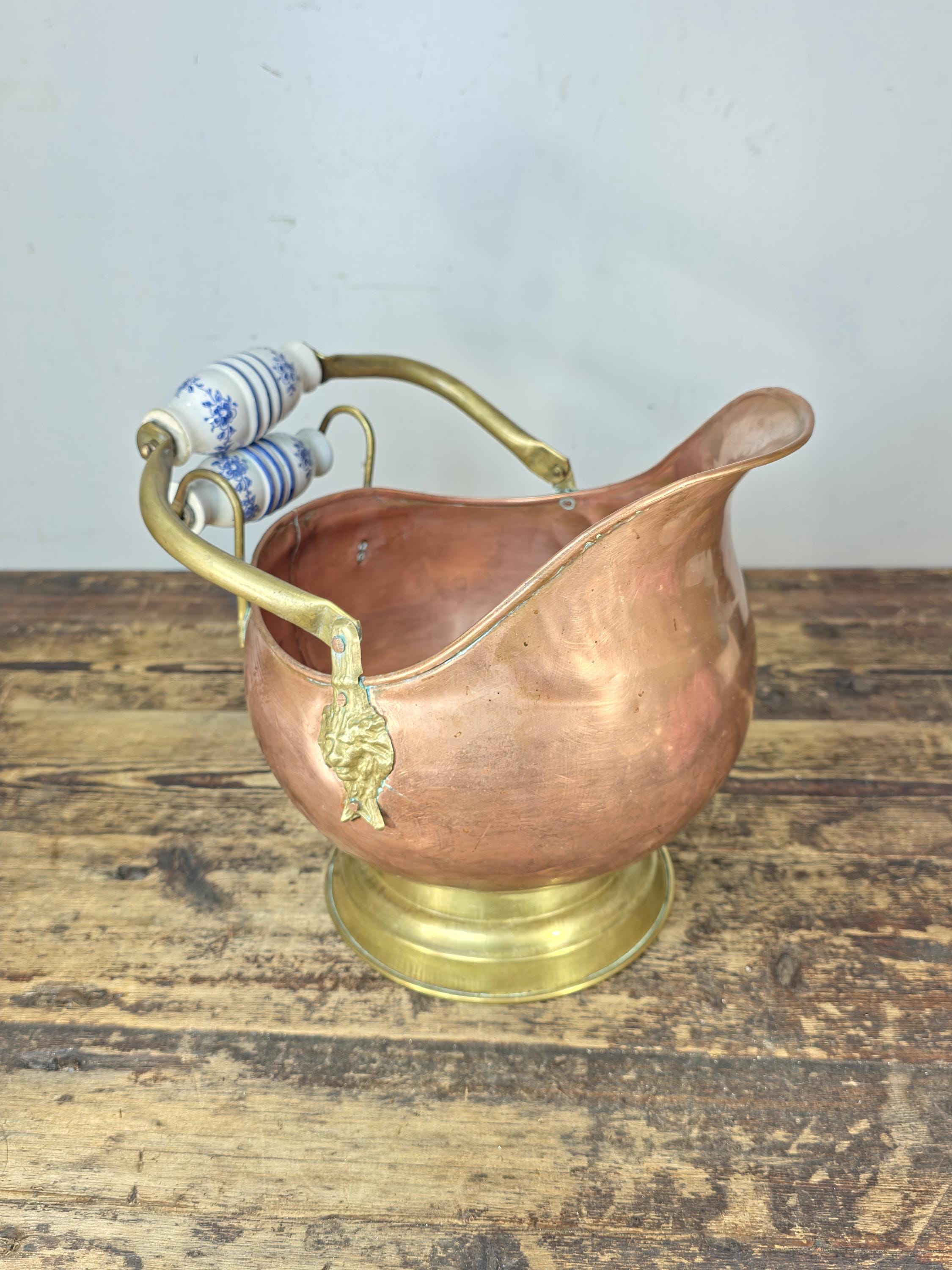 Vintage Copper & Brass Coal Scuttle w/ Delft-Style Ceramic Handles and Lion Heads