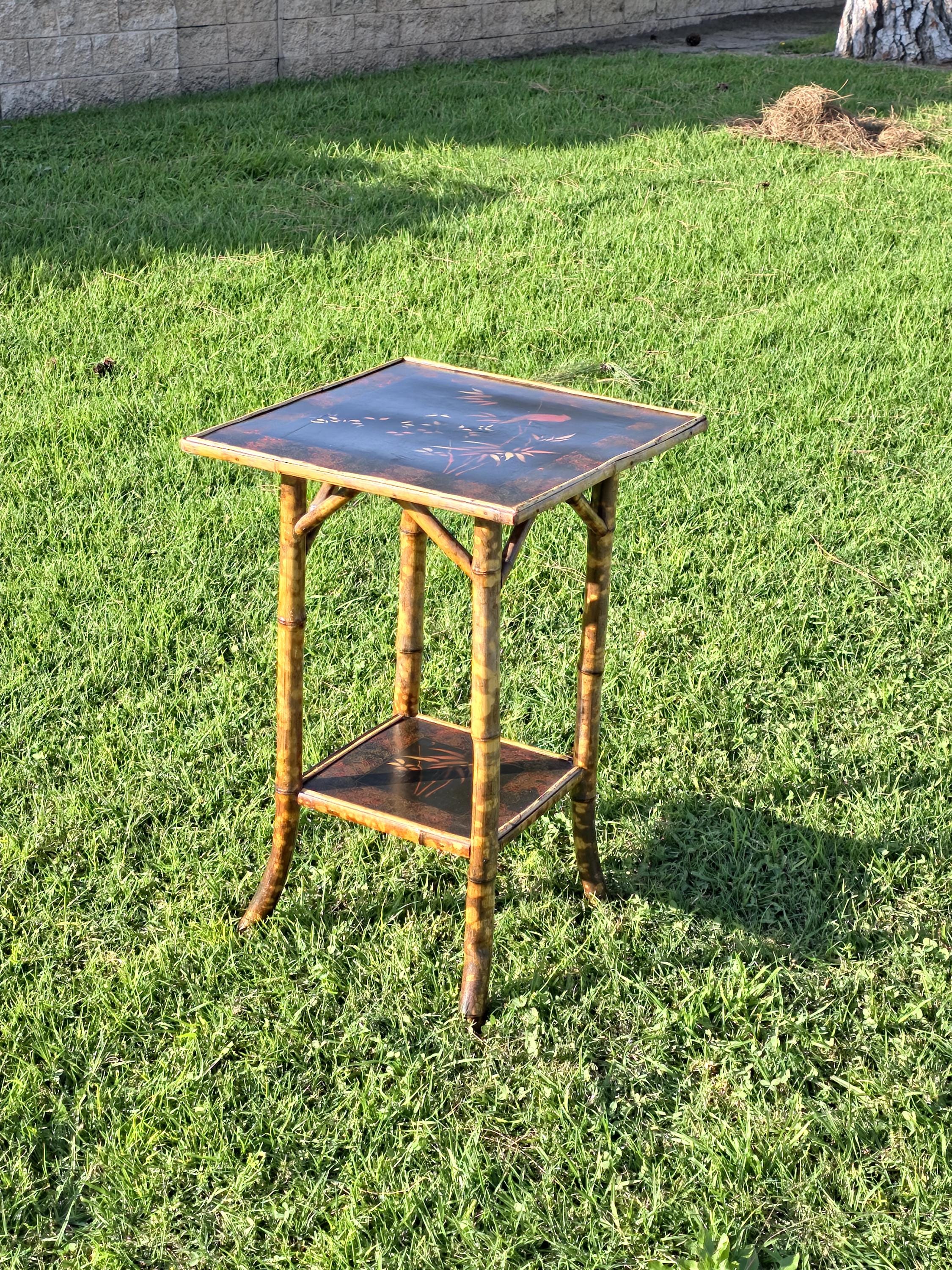 Rare Antique Chinoiserie Bamboo Table | Hand-Painted Lacquer Panels, c.1900