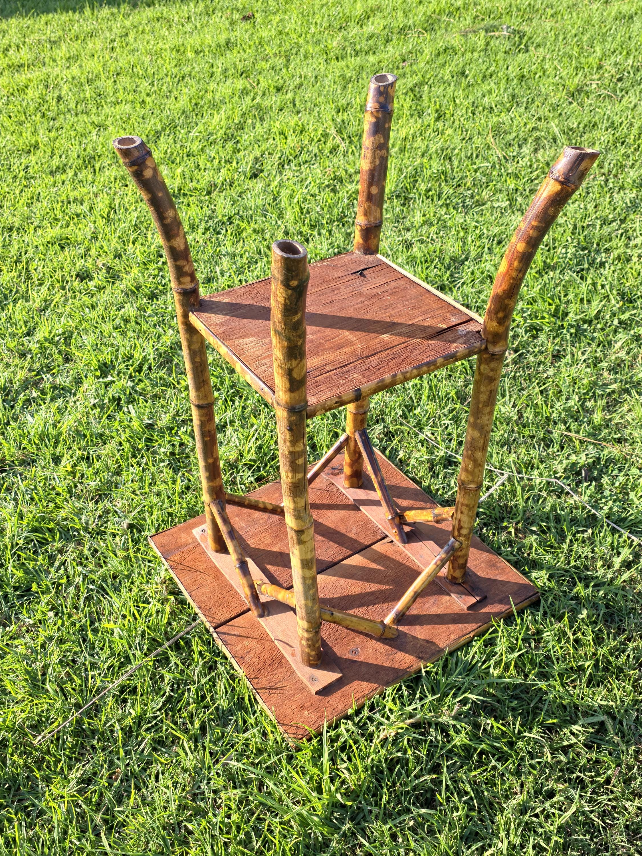 Rare Antique Chinoiserie Bamboo Table | Hand-Painted Lacquer Panels, c.1900