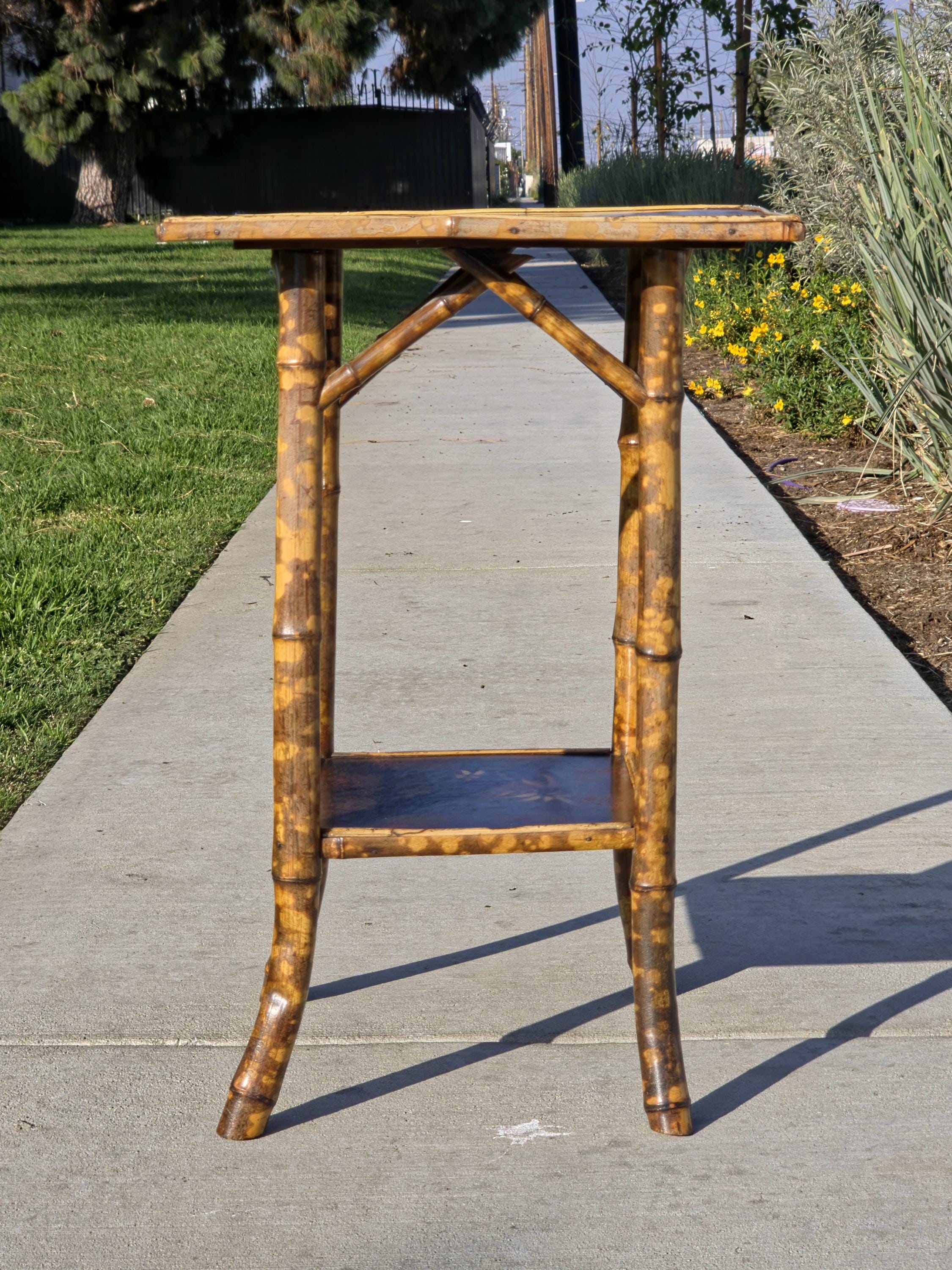 Rare Antique Chinoiserie Bamboo Table | Hand-Painted Lacquer Panels, c.1900
