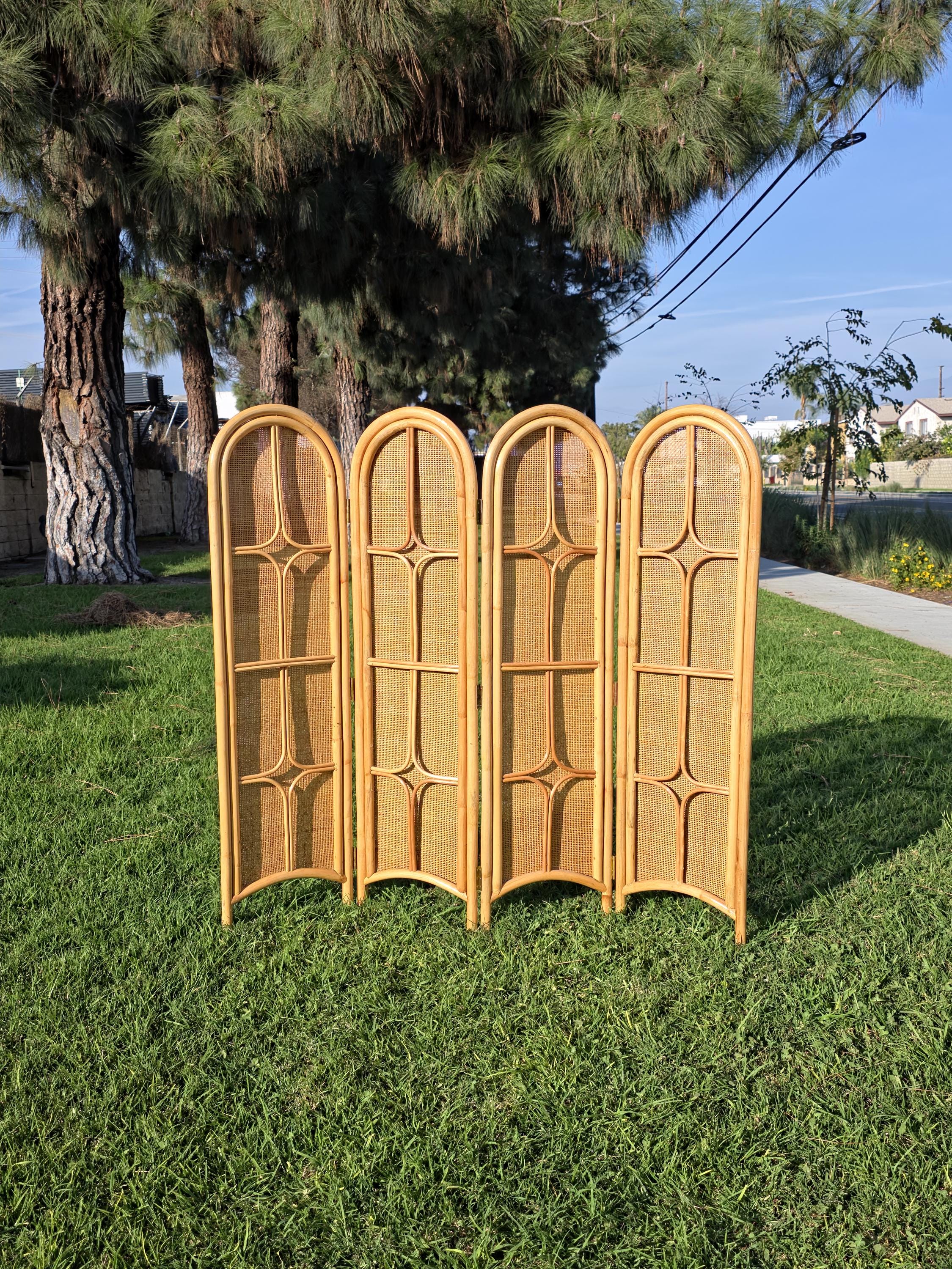 Vintage 4-Panel Rattan Room Divider | 51" Boho Wicker Privacy Screen c.1990s