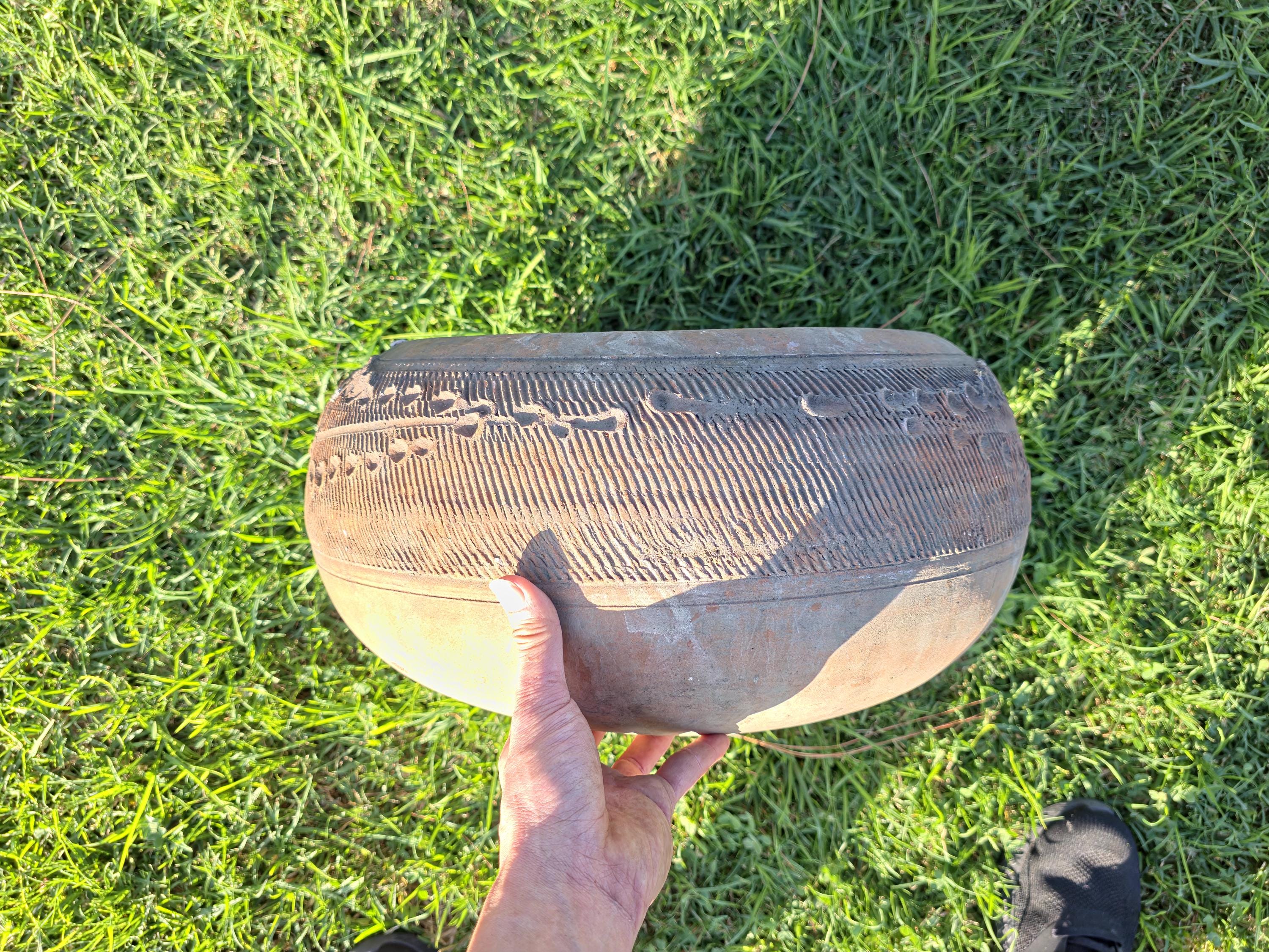 Vintage Mexican Hand-Etched Terracotta Hose Holder Pot 18"Dia x 8.5"H
