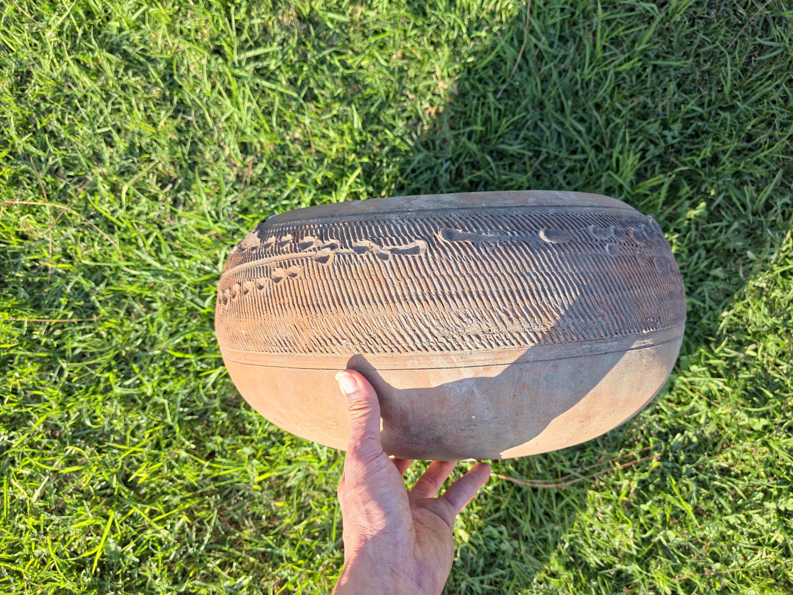 Vintage Mexican Hand-Etched Terracotta Hose Holder Pot 18"Dia x 8.5"H