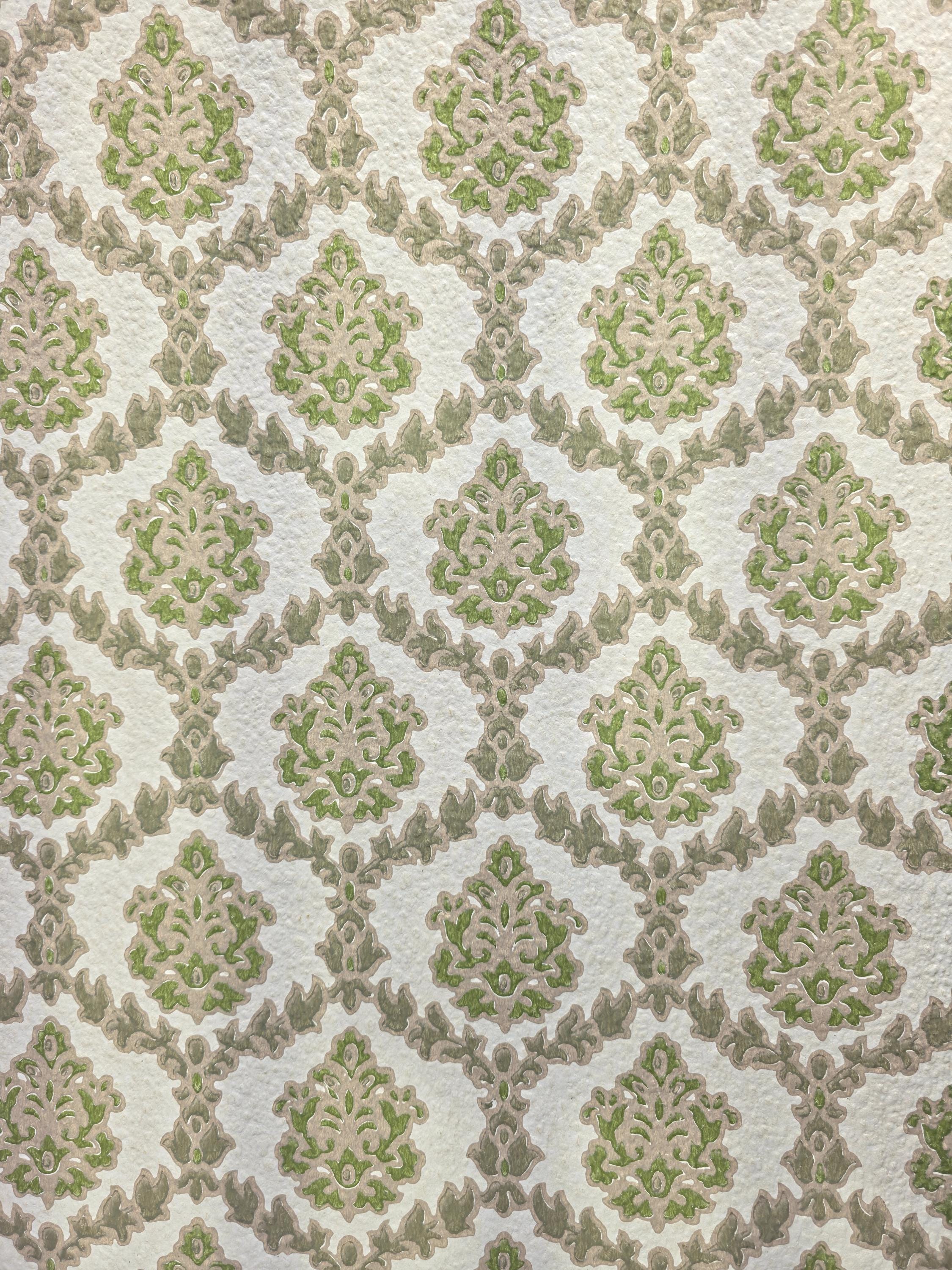 Authentic 1970s Vintage Wallpaper | Green & Gray Floral Geometric