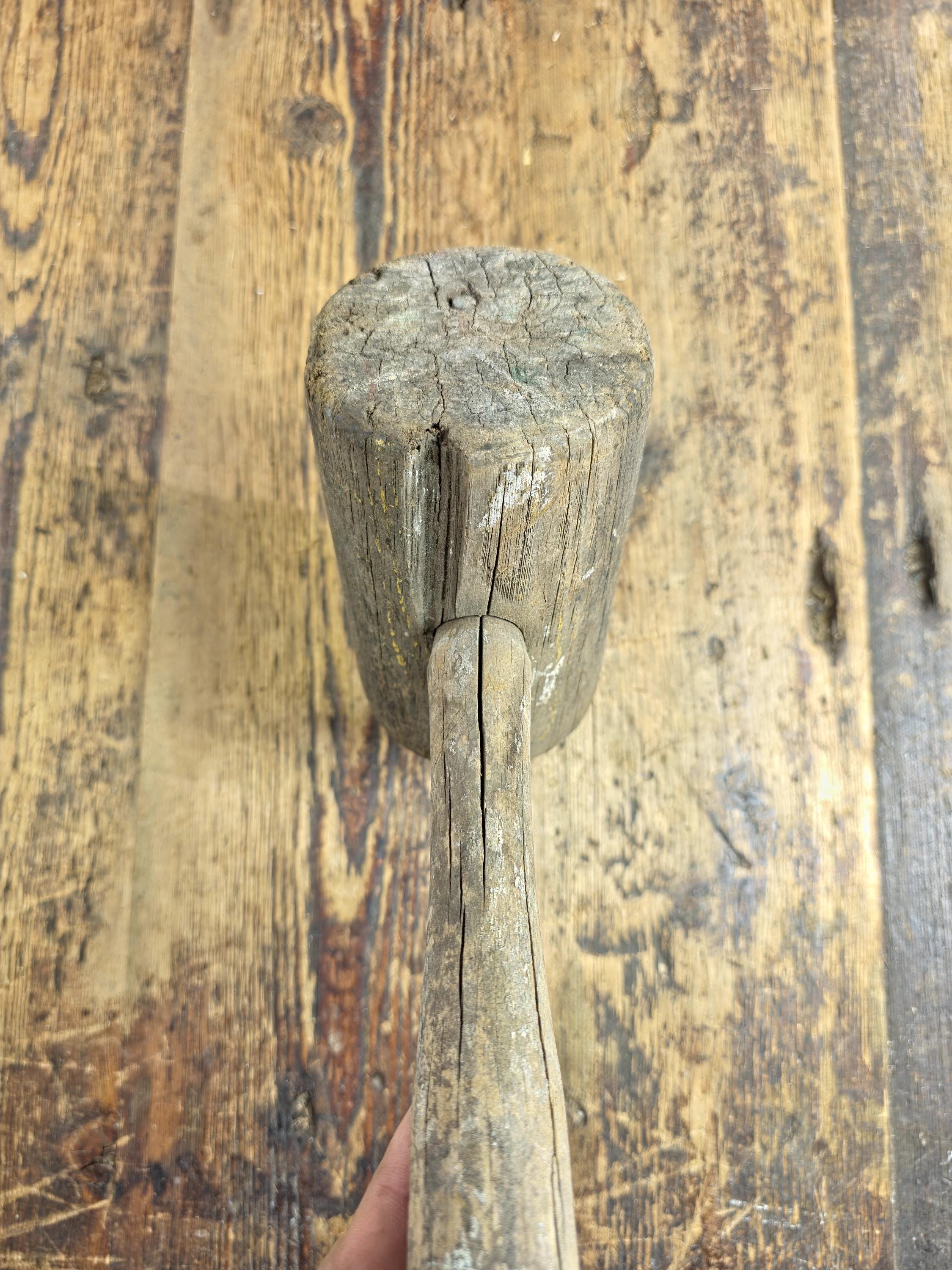 Antique Primitive Wooden Mallet | Rustic Farmhouse Tool with Authentic Patina