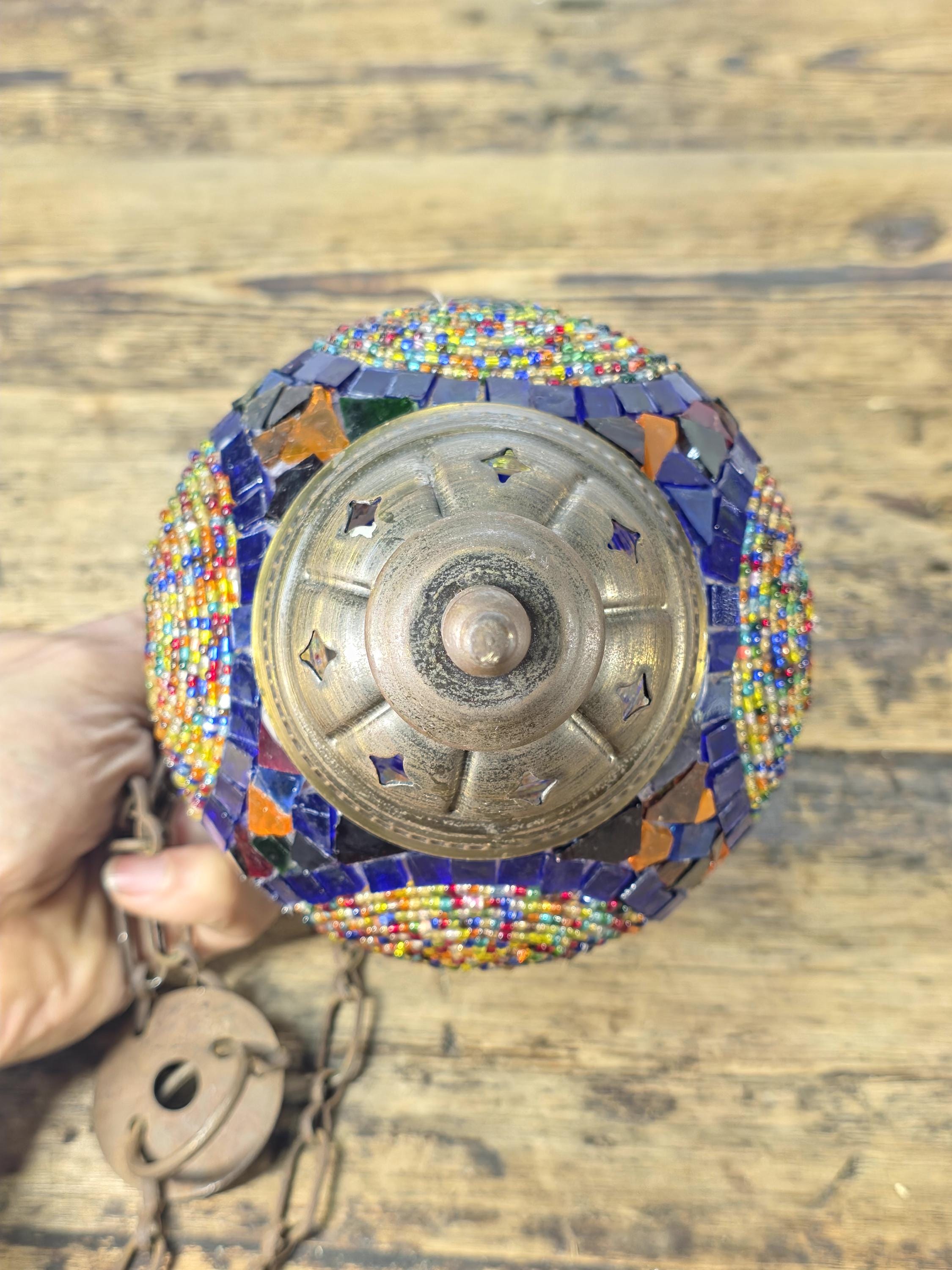 Exotic Turkish Style Mosaic Glass Hanging Lantern | Colorful Boho Vibe