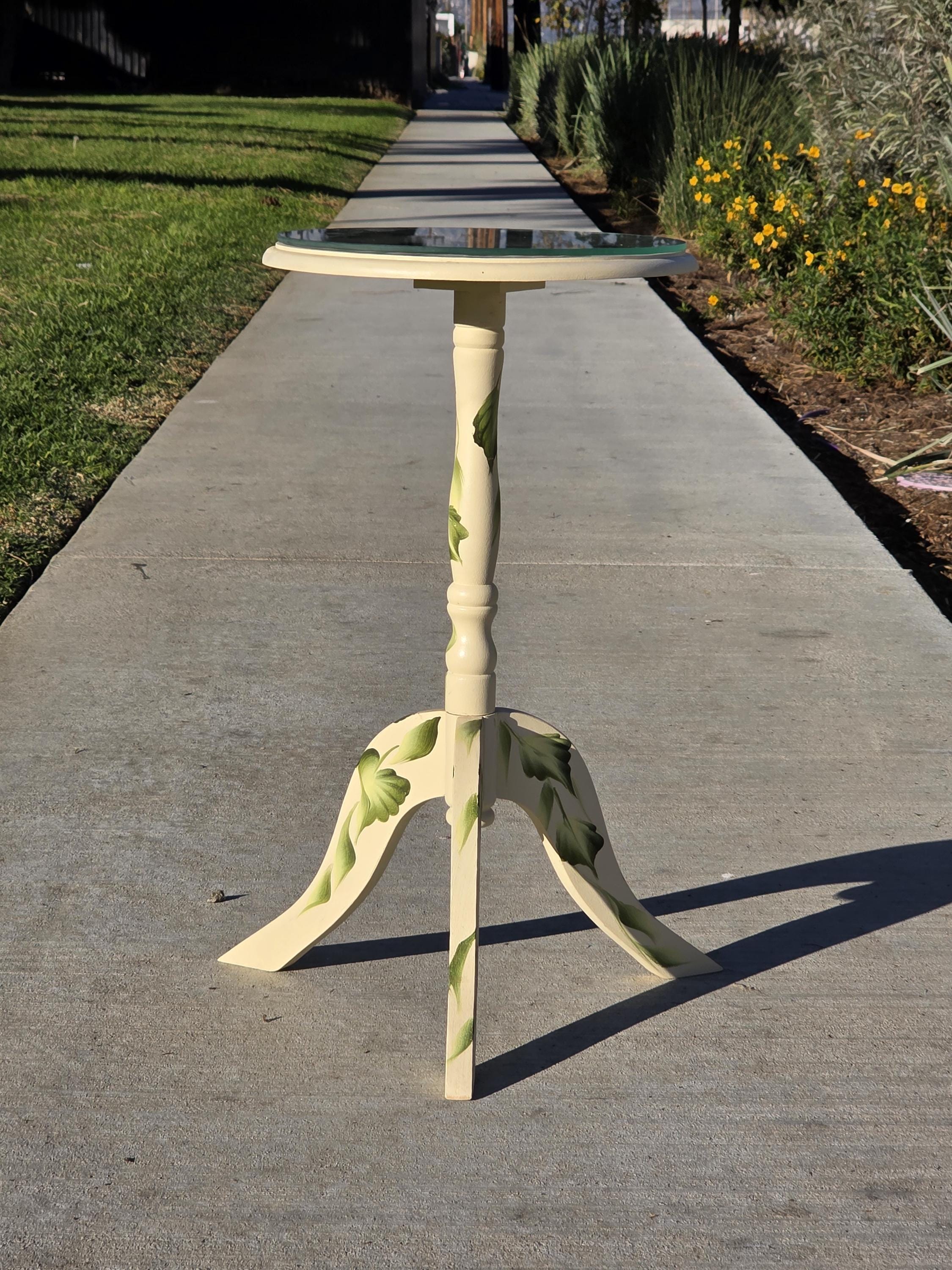 Hand Painted Floral Accent Table Signed Rosetta w/ Glass Top 22"