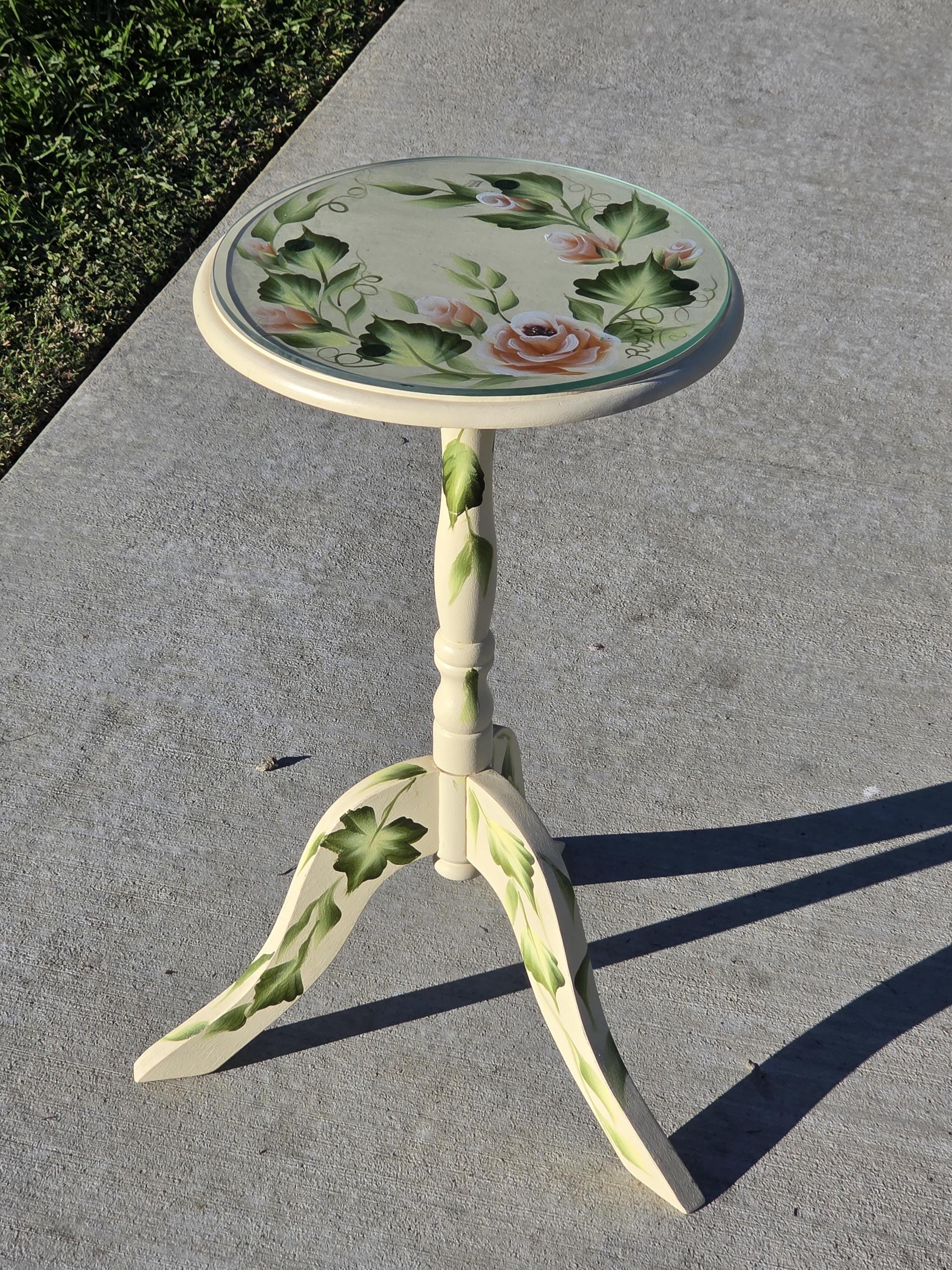 Hand Painted Floral Accent Table Signed Rosetta w/ Glass Top 22"