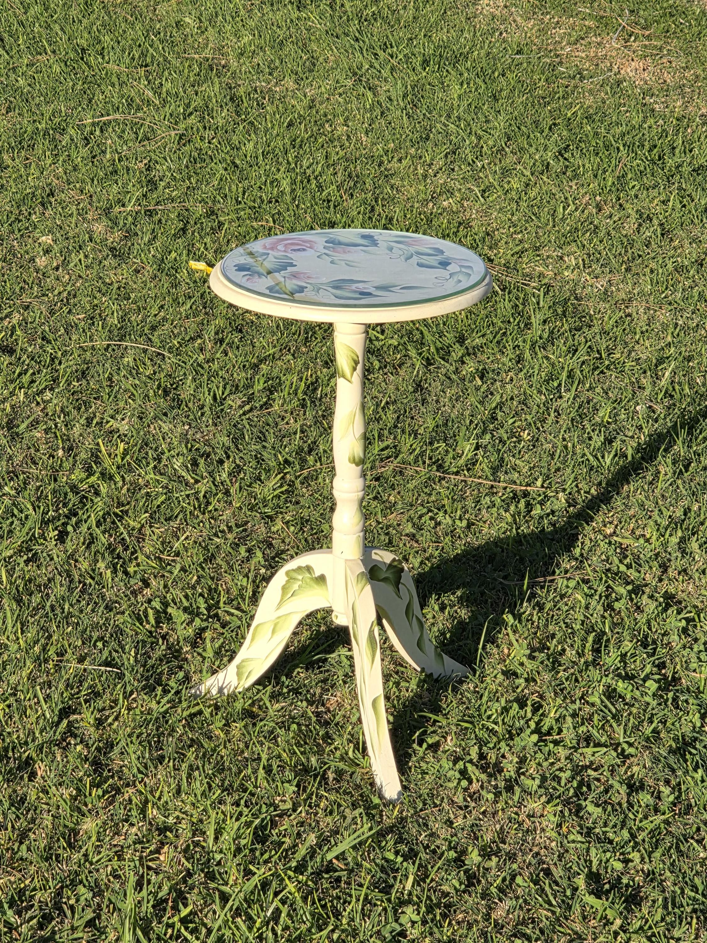 Hand Painted Floral Accent Table Signed Rosetta w/ Glass Top 22"