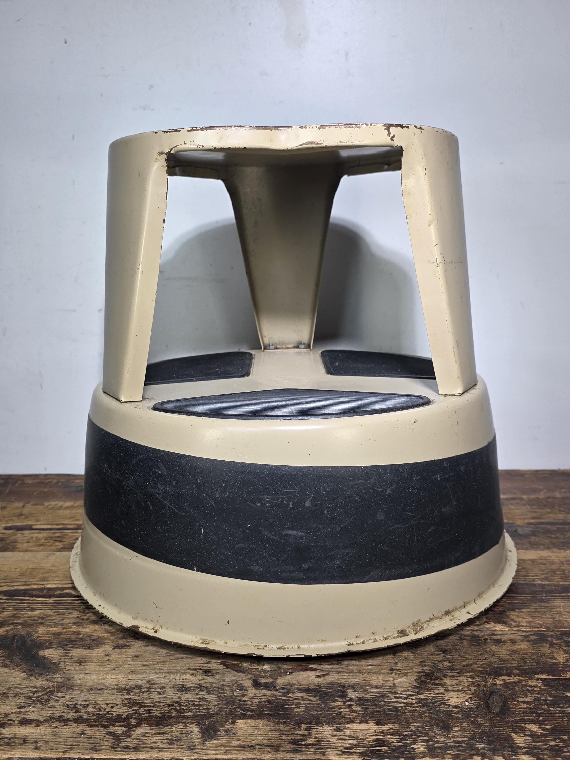 Vintage KIK-STEP Rolling Step Stool Beige Black Industrial 1980s USA