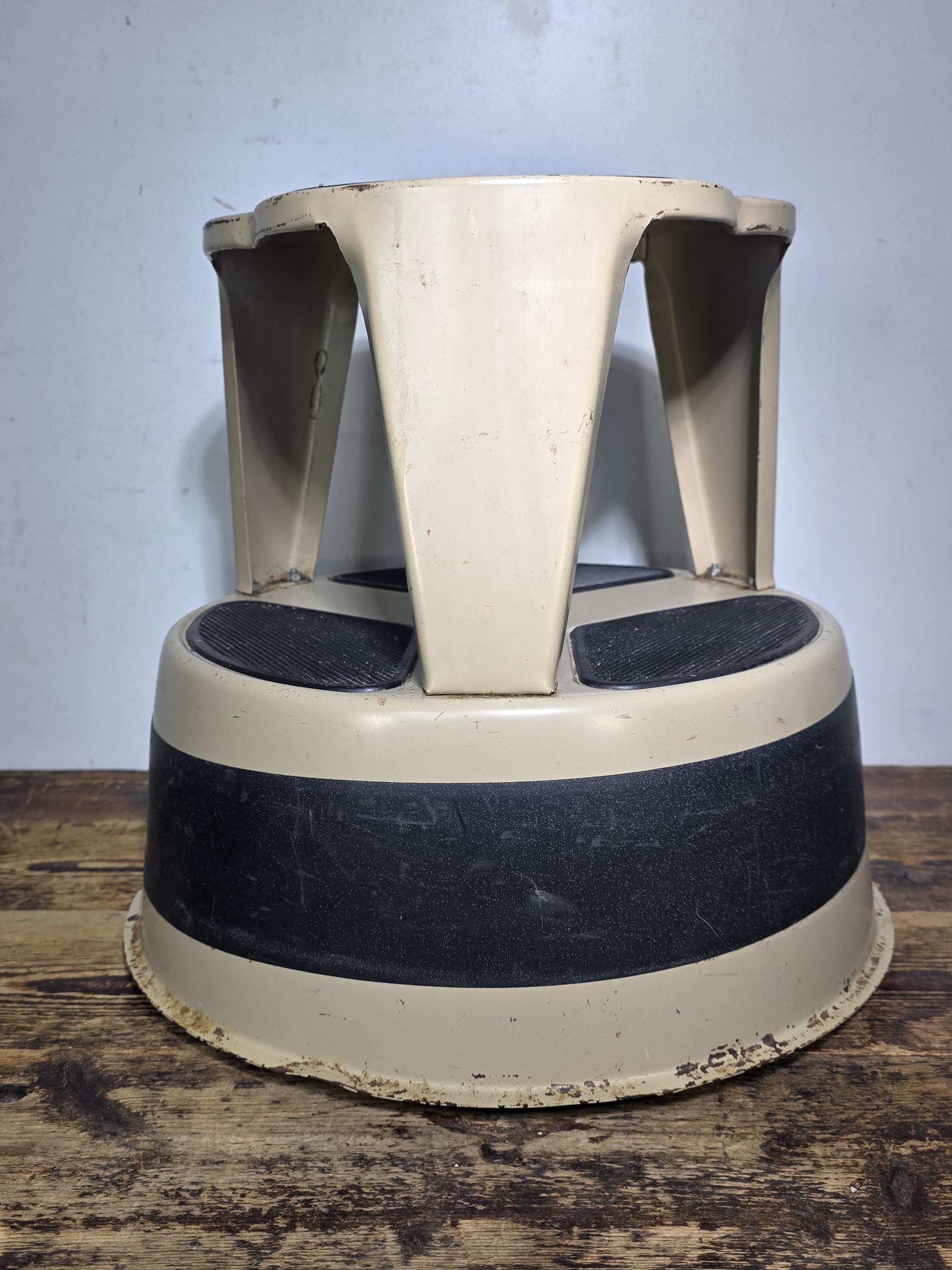 Vintage KIK-STEP Rolling Step Stool Beige Black Industrial 1980s USA