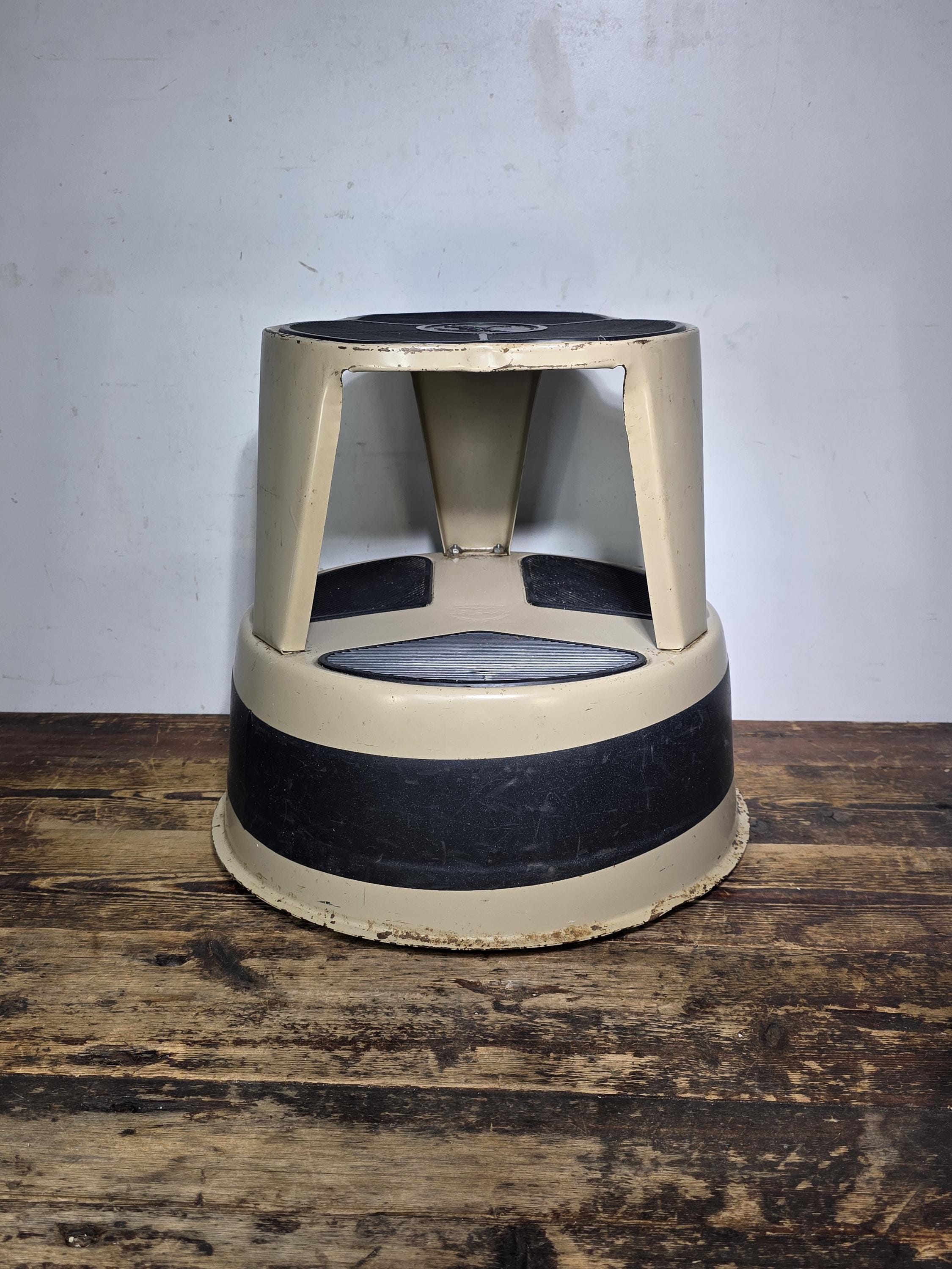 Vintage KIK-STEP Rolling Step Stool Beige Black Industrial 1980s USA