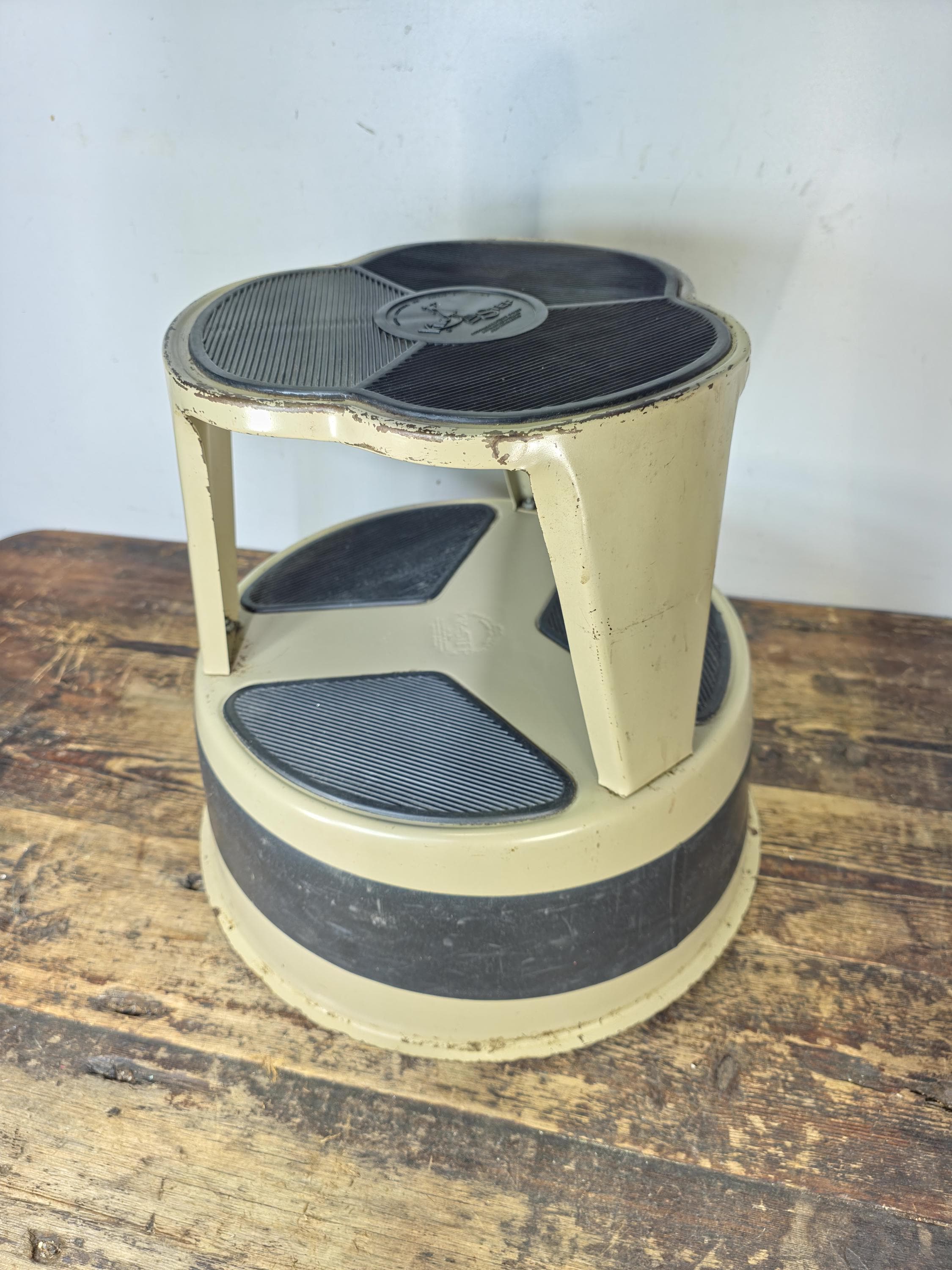 Vintage KIK-STEP Rolling Step Stool Beige Black Industrial 1980s USA